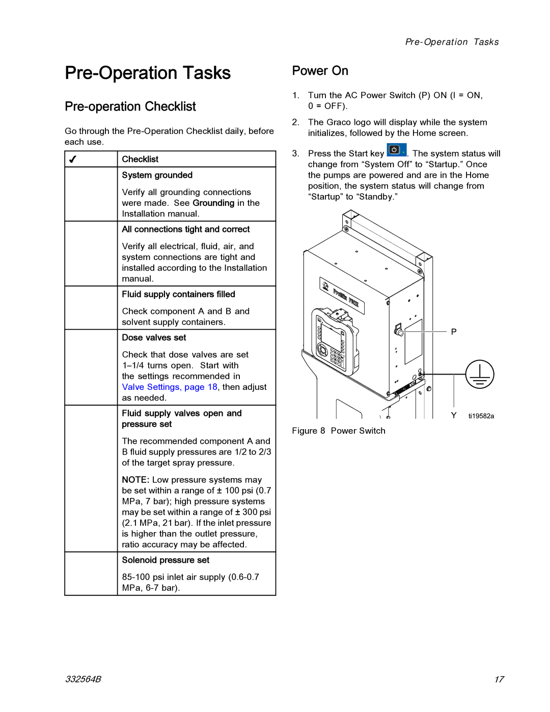 Graco 332564B important safety instructions Pre-Operation Tasks, Pre-operation Checklist, Power On 