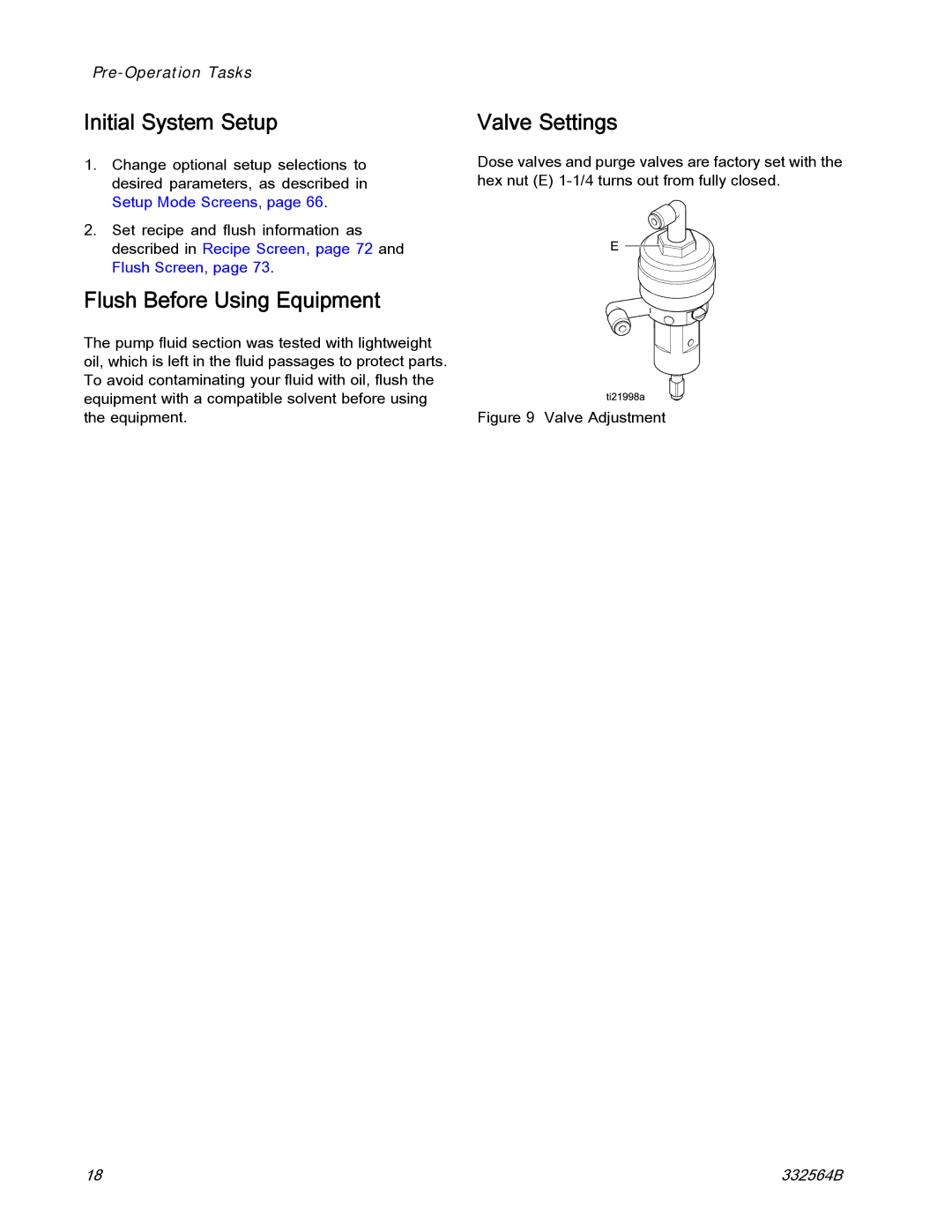 Graco 332564B important safety instructions Initial System Setup, Flush Before Using Equipment, Valve Settings 