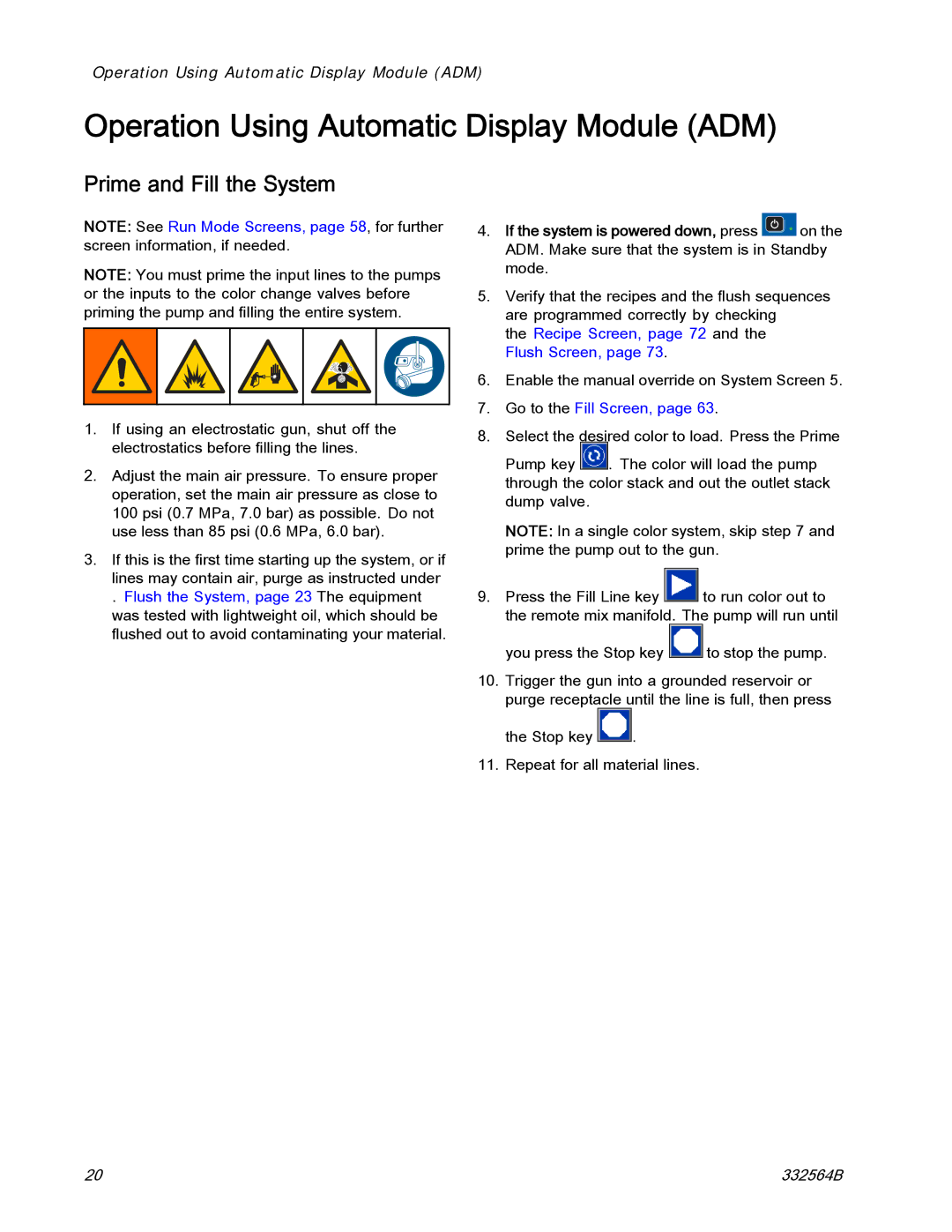 Graco 332564B important safety instructions Operation Using Automatic Display Module ADM, Prime and Fill the System 