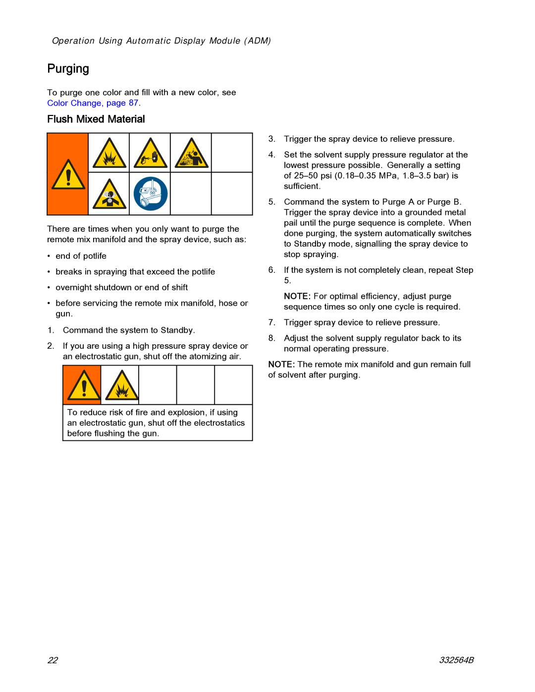 Graco 332564B important safety instructions Purging, Flush Mixed Material 