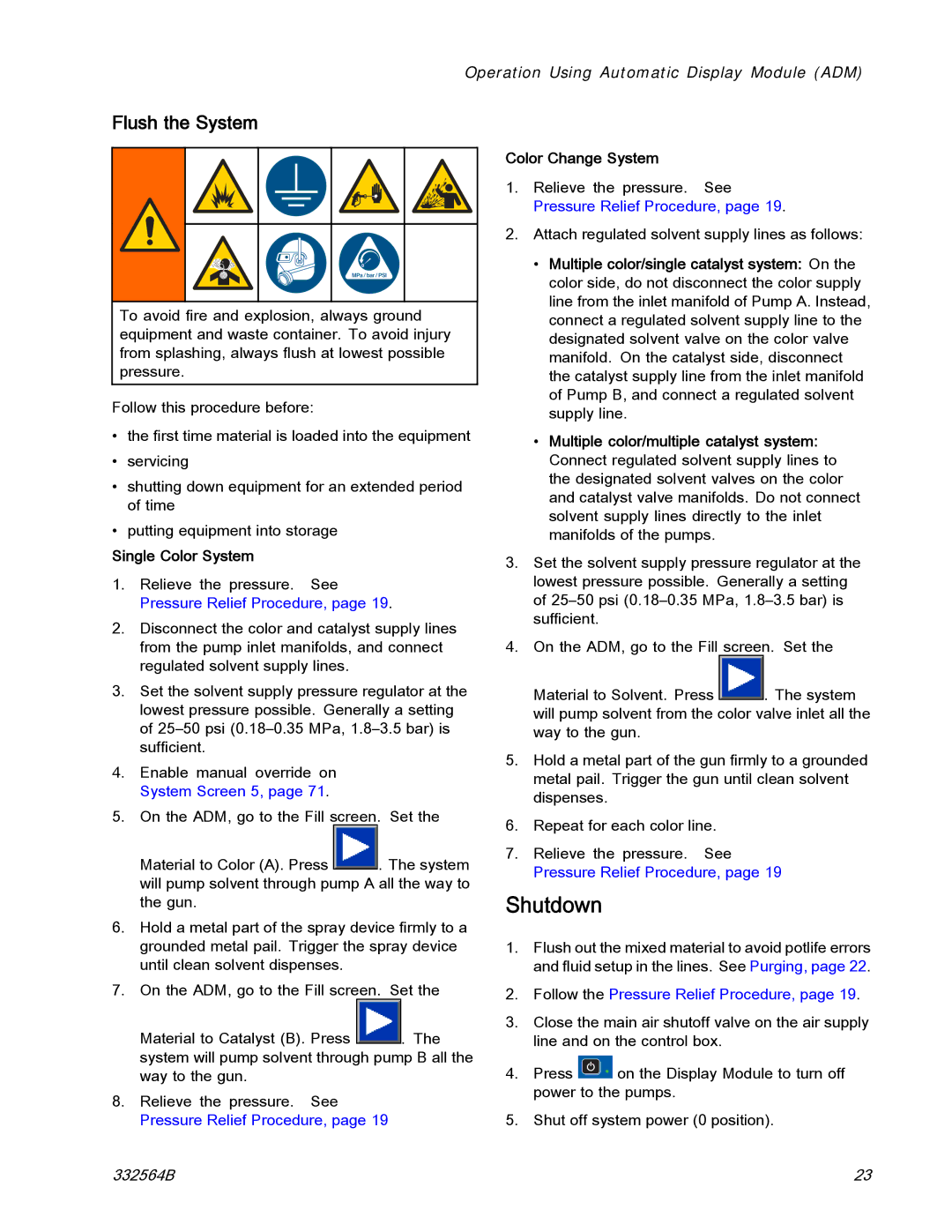 Graco 332564B important safety instructions Shutdown, Flush the System, Single Color System, Color Change System 