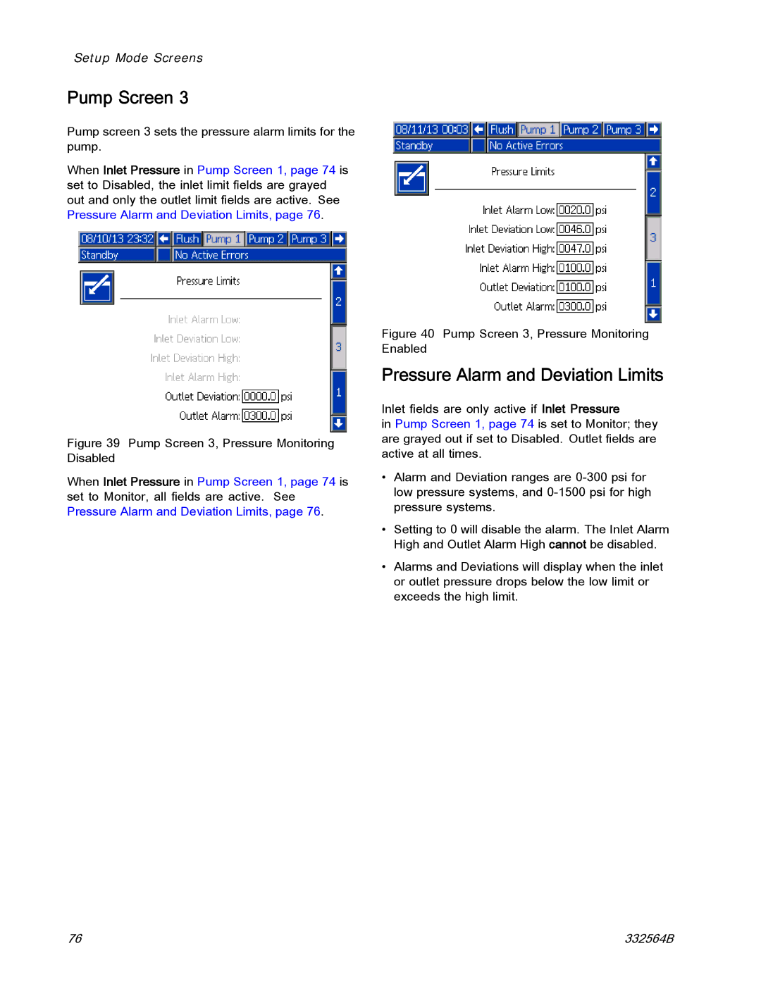 Graco 332564B Pressure Alarm and Deviation Limits, Pump Screen 3, Pressure Monitoring Disabled 