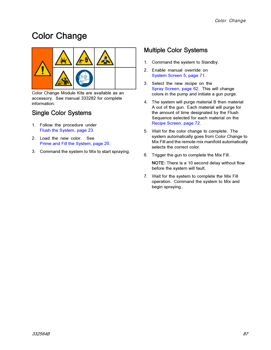 Graco 332564B important safety instructions Color Change, Single Color Systems, Multiple Color Systems 