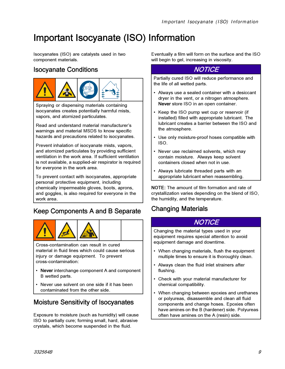 Graco 332564B Important Isocyanate ISO Information, Isocyanate Conditions, Keep Components a and B Separate 