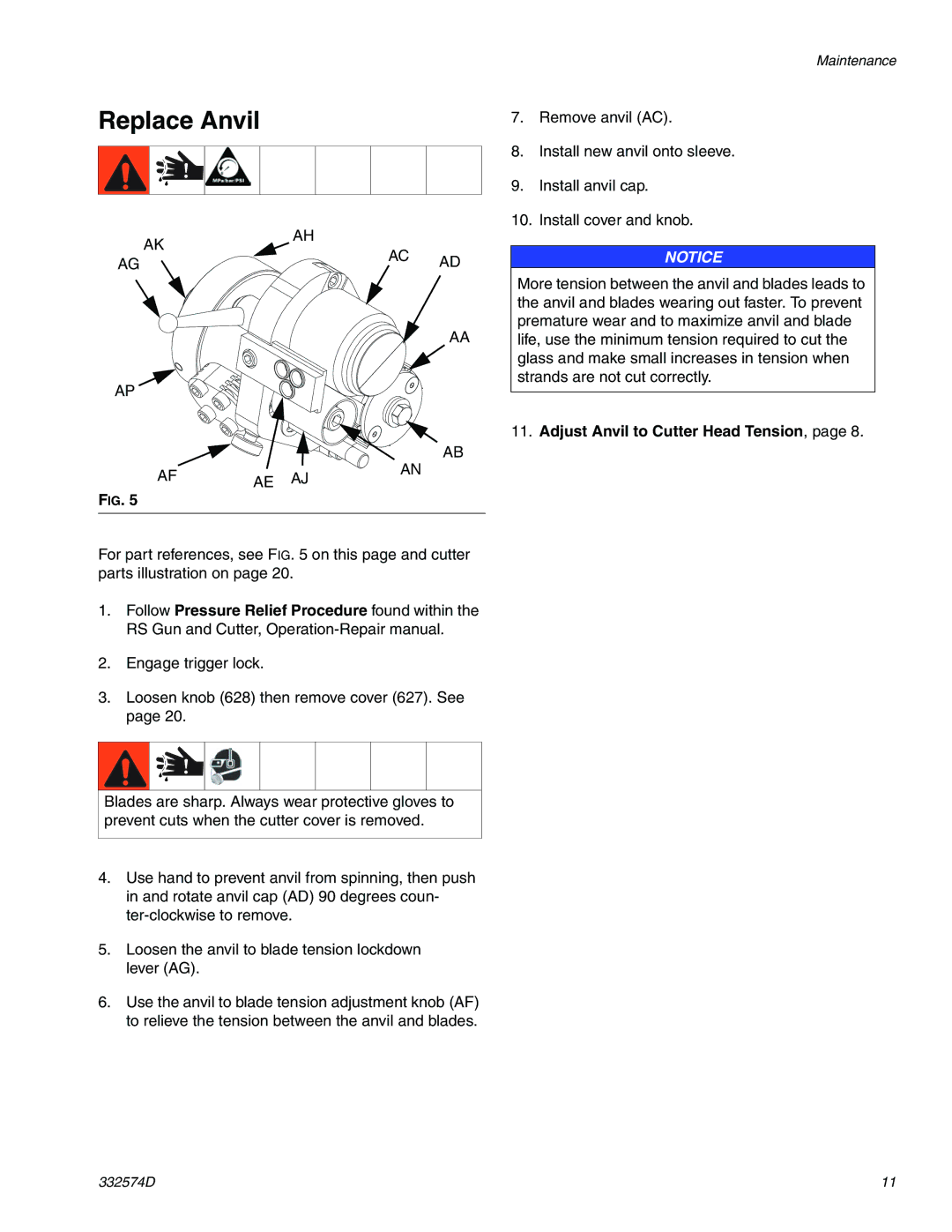 Graco 332574D important safety instructions Replace Anvil, Adjust Anvil to Cutter Head Tension 