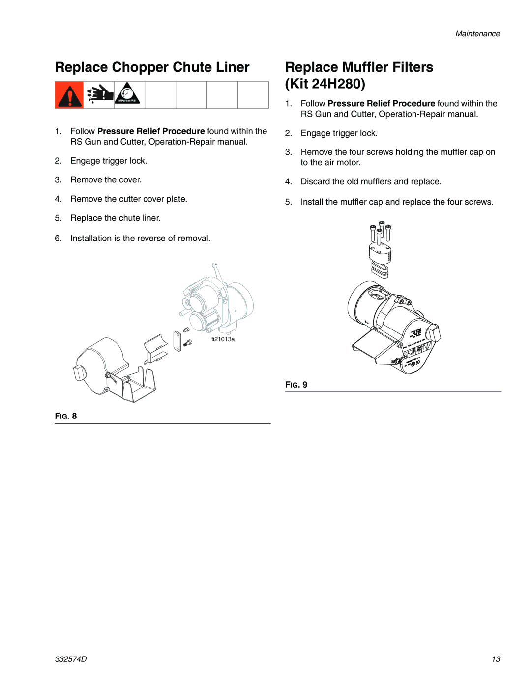 Graco 332574D important safety instructions Replace Chopper Chute Liner, Replace Muffler Filters Kit 24H280 