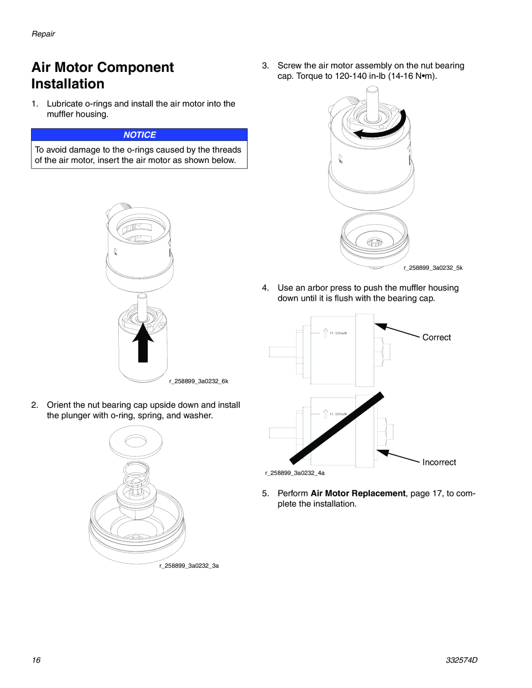 Graco 332574D important safety instructions Air Motor Component Installation 