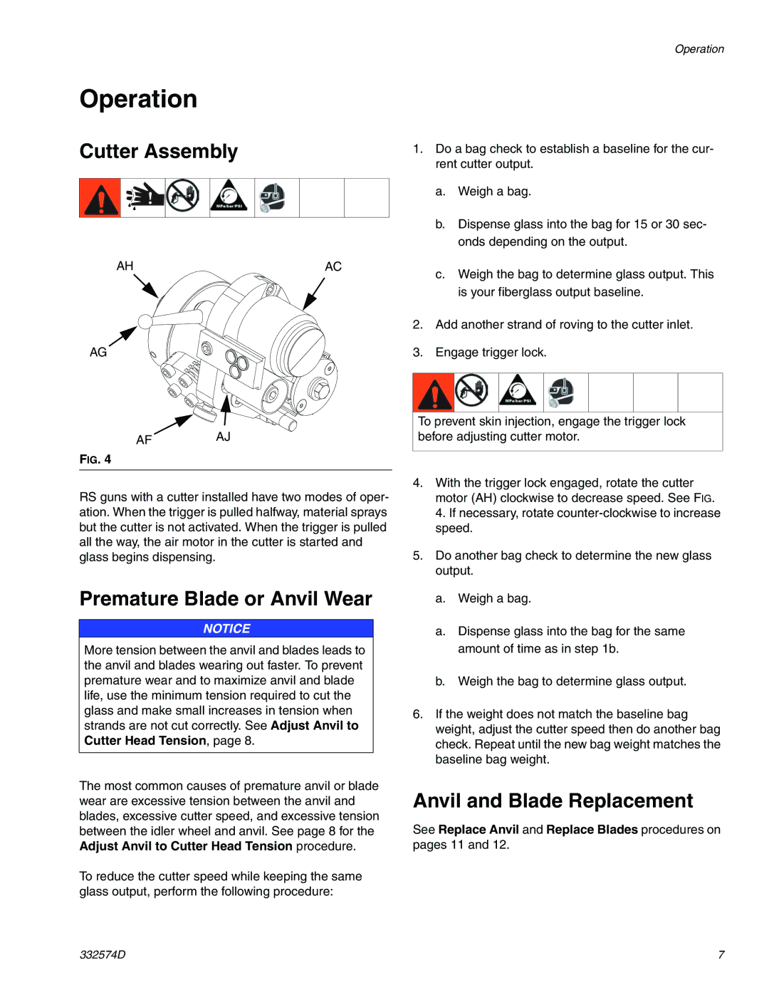 Graco 332574D Operation, Cutter Assembly, Premature Blade or Anvil Wear, Anvil and Blade Replacement 