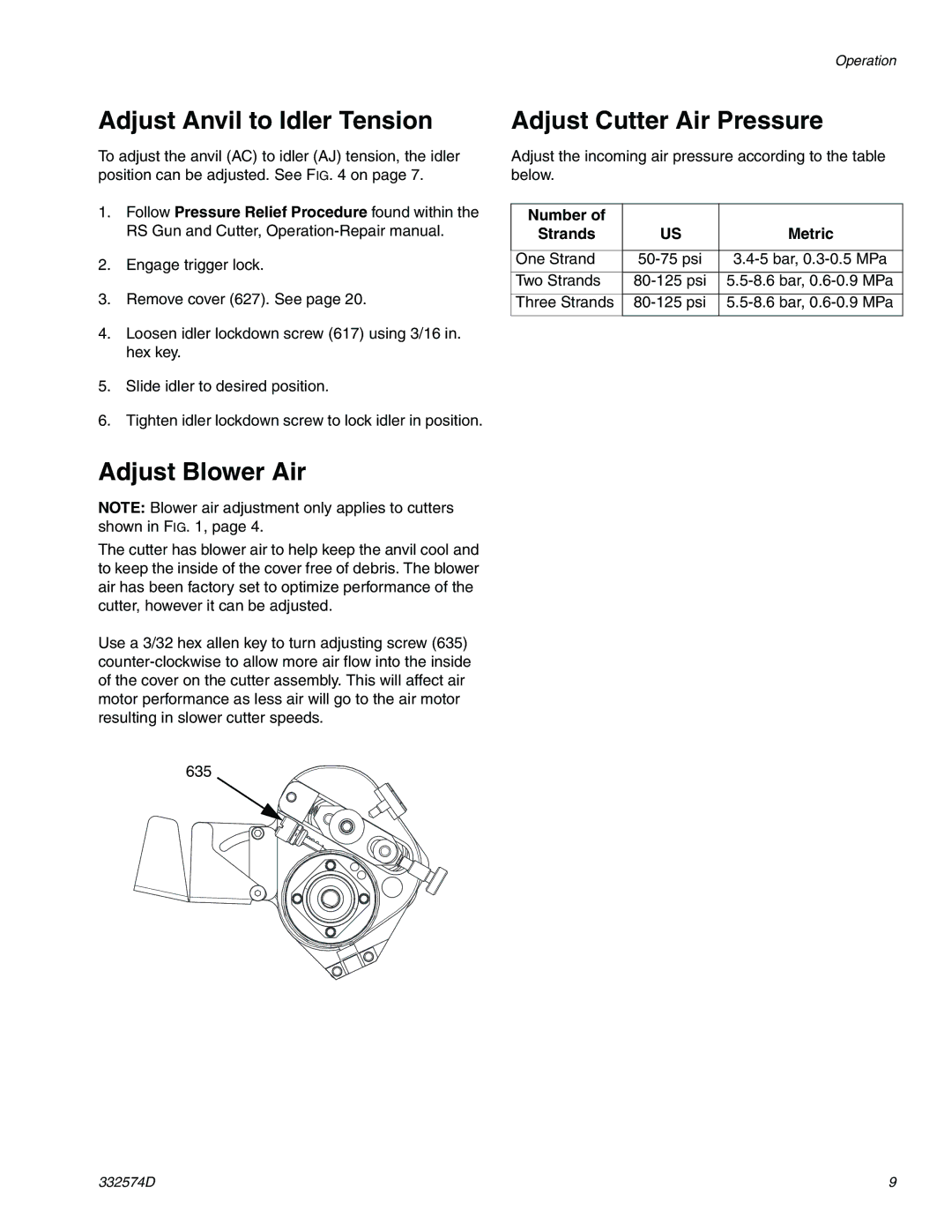 Graco 332574D Adjust Anvil to Idler Tension Adjust Cutter Air Pressure, Adjust Blower Air, Number Strands Metric 