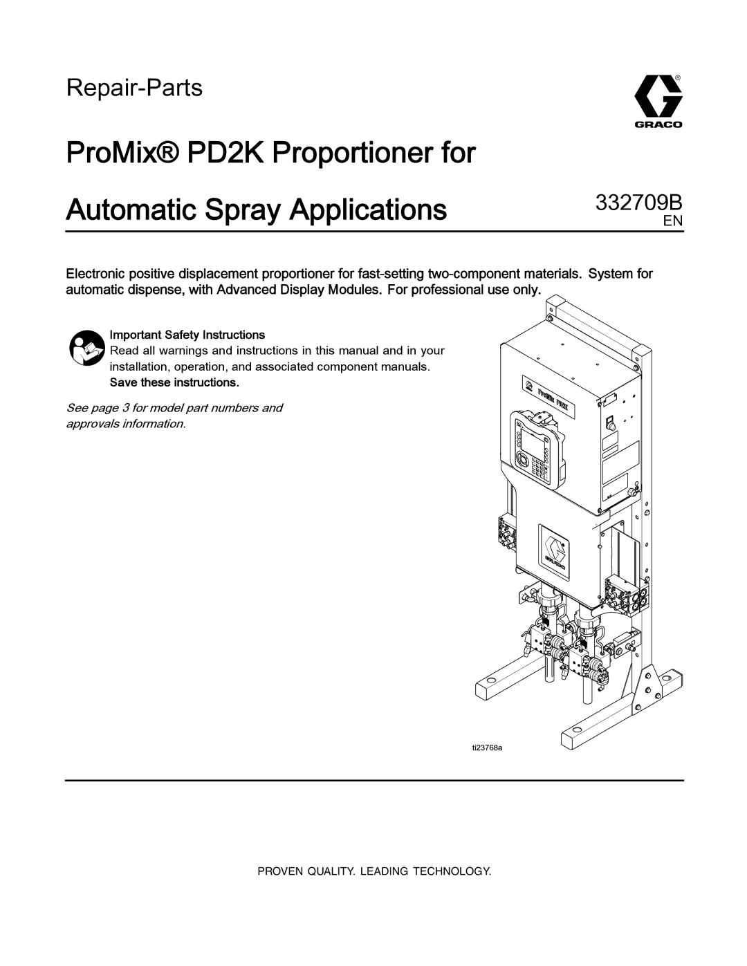 Graco 332709B important safety instructions ProMix PD2K Proportioner for Automatic Spray Applications 