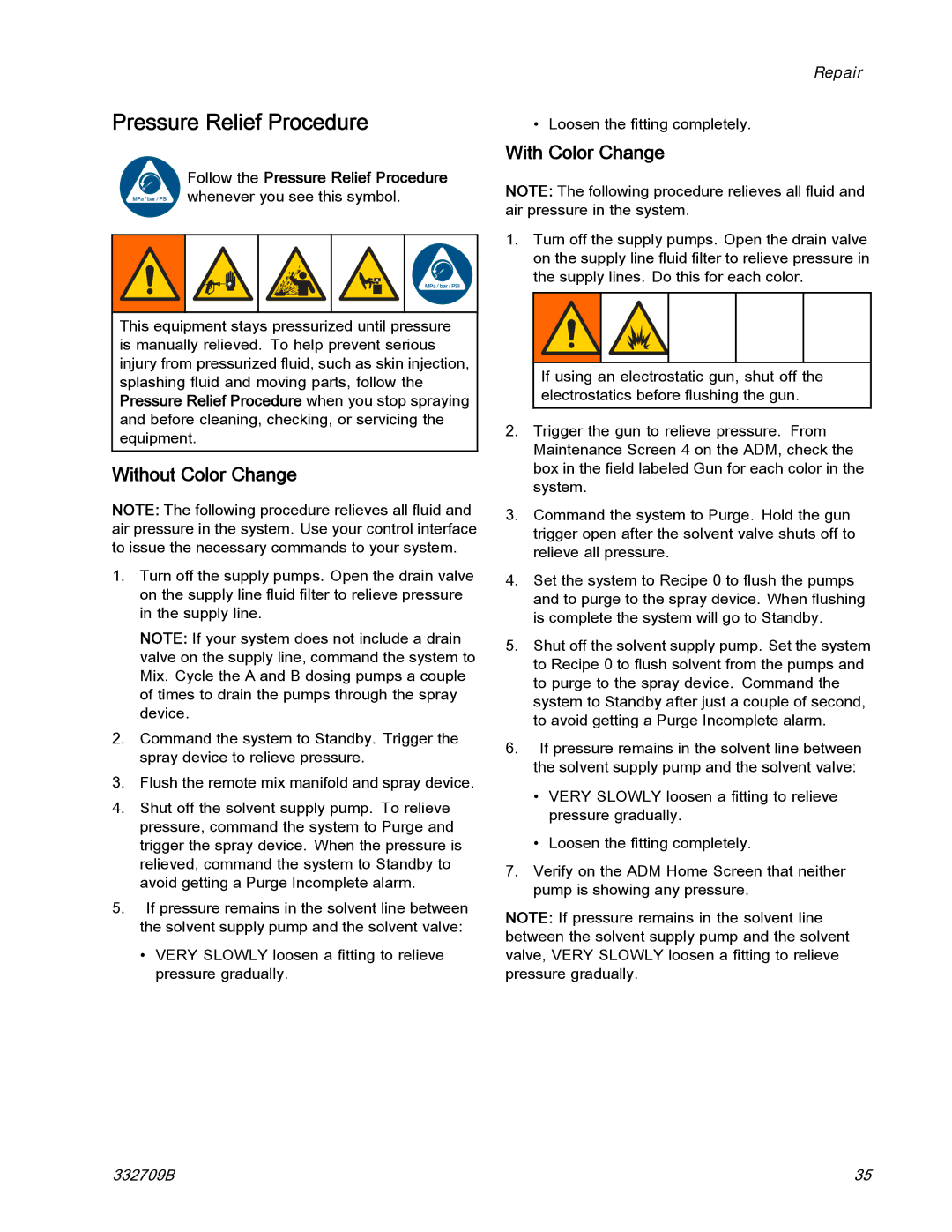 Graco 332709B important safety instructions Pressure Relief Procedure, Without Color Change, With Color Change 