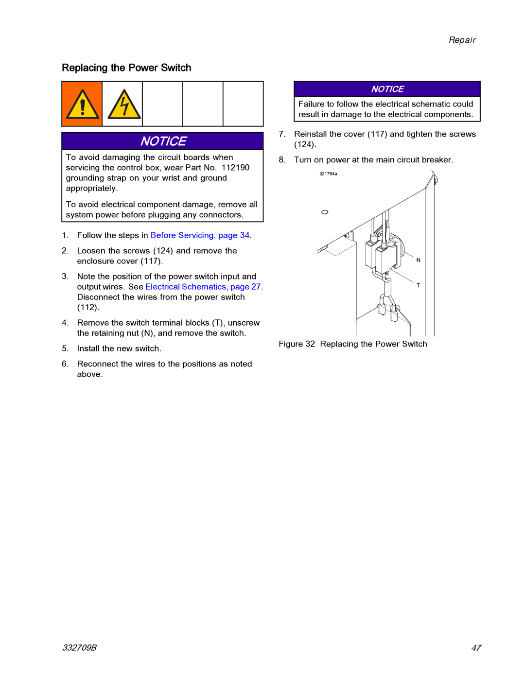 Graco 332709B important safety instructions Replacing the Power Switch 