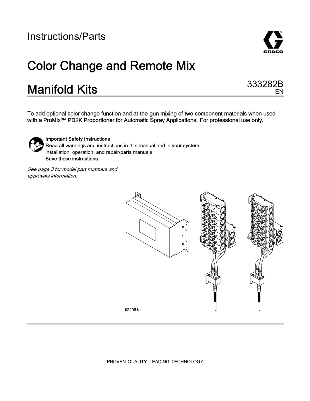 Graco 333282B important safety instructions Color Change and Remote Mix Manifold Kits, Important Safety Instructions 