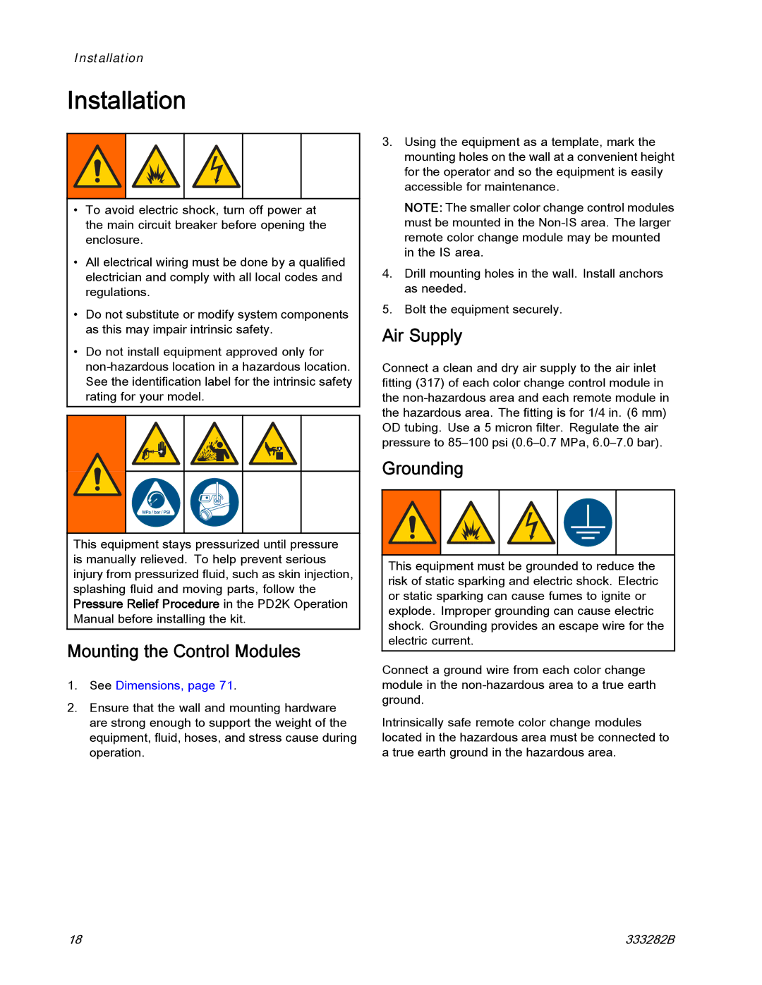 Graco 333282B important safety instructions Installation, Mounting the Control Modules, Air Supply, Grounding 