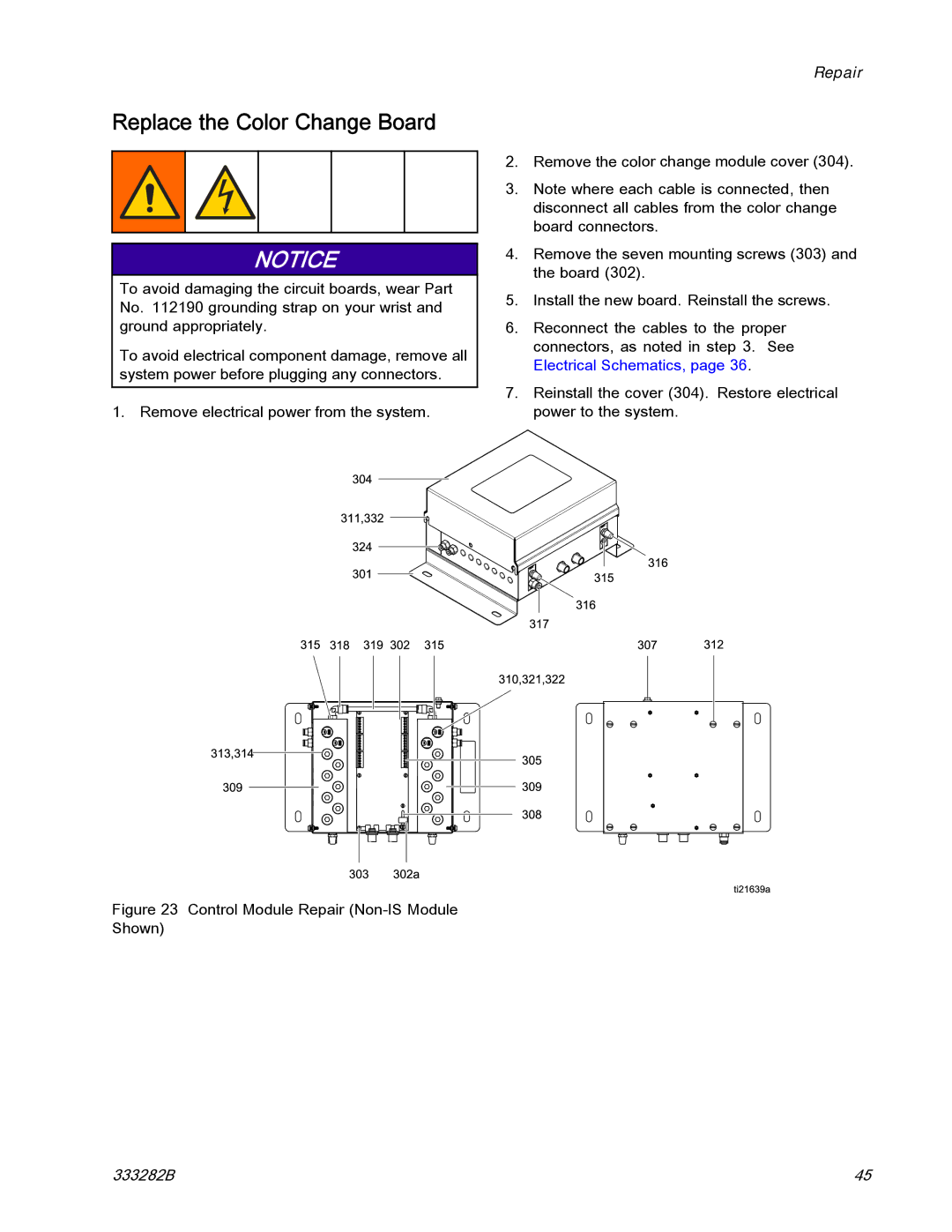 Graco 333282B important safety instructions Replace the Color Change Board, Control Module Repair Non-IS Module Shown 