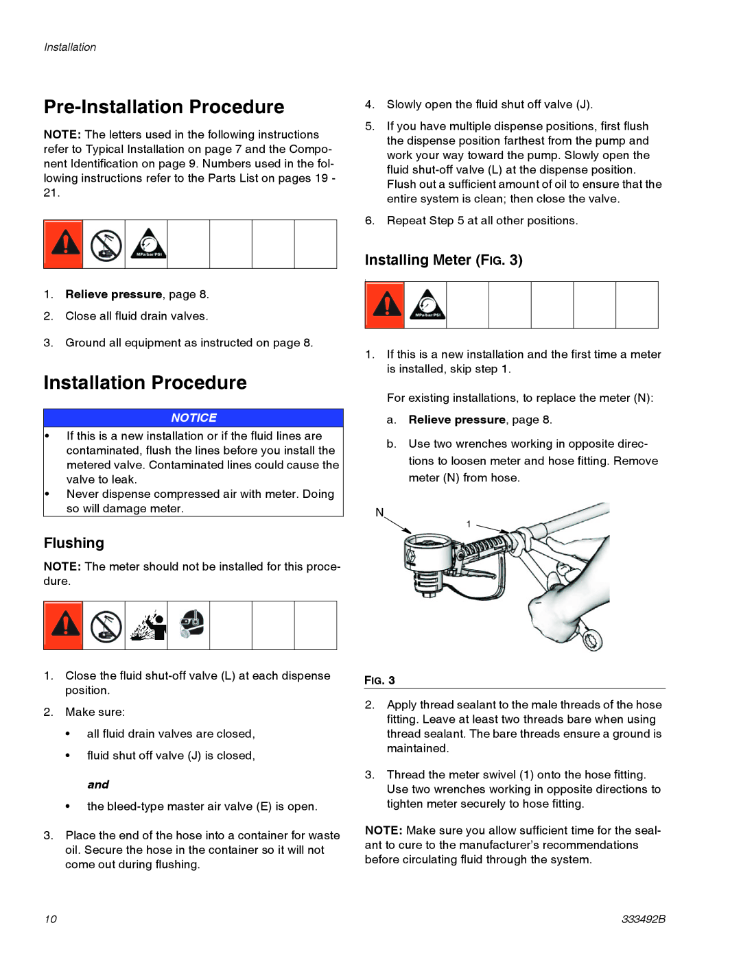 Graco 333492B important safety instructions Pre-Installation Procedure, Flushing, Installing Meter FIG, Relieve pressure 