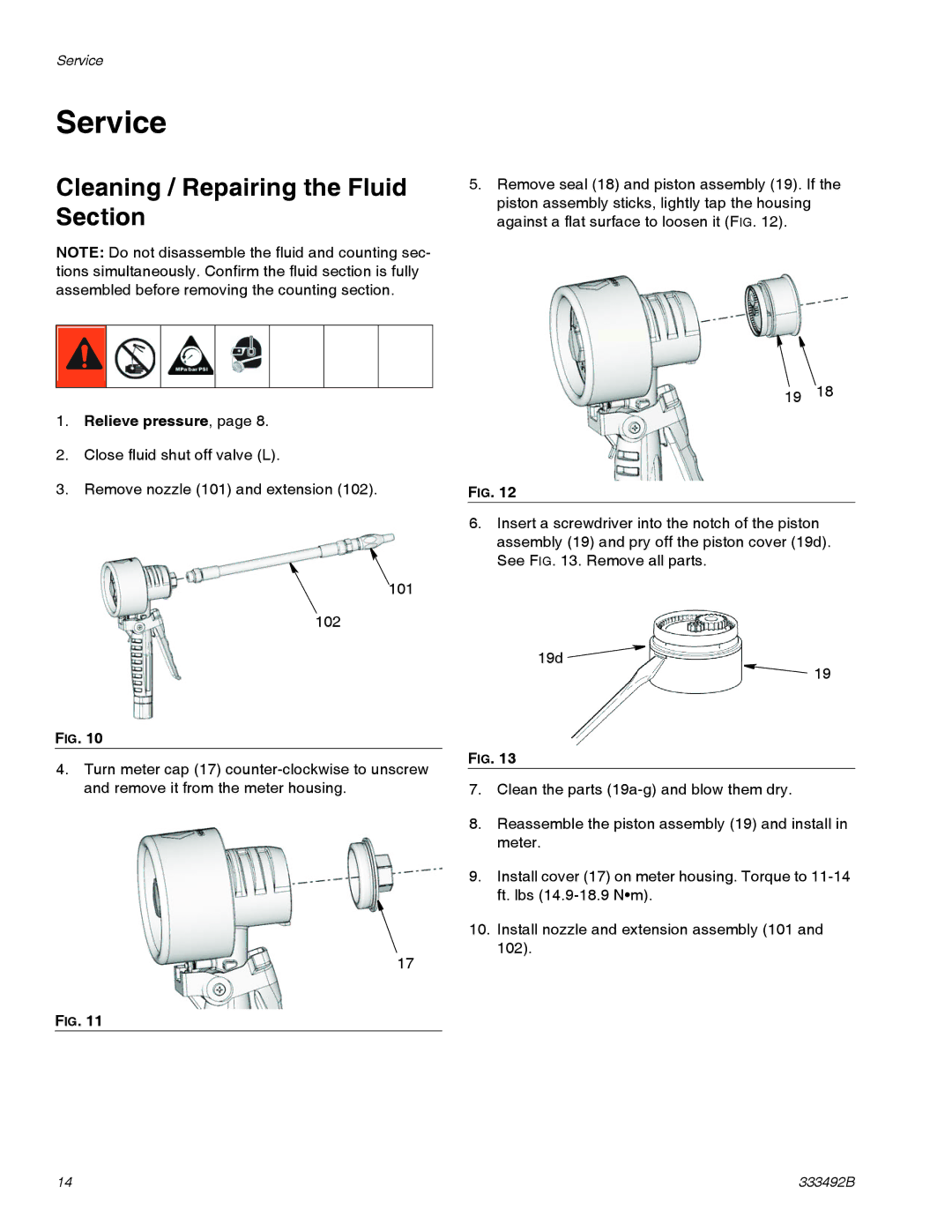 Graco 333492B important safety instructions Service, Cleaning / Repairing the Fluid Section 