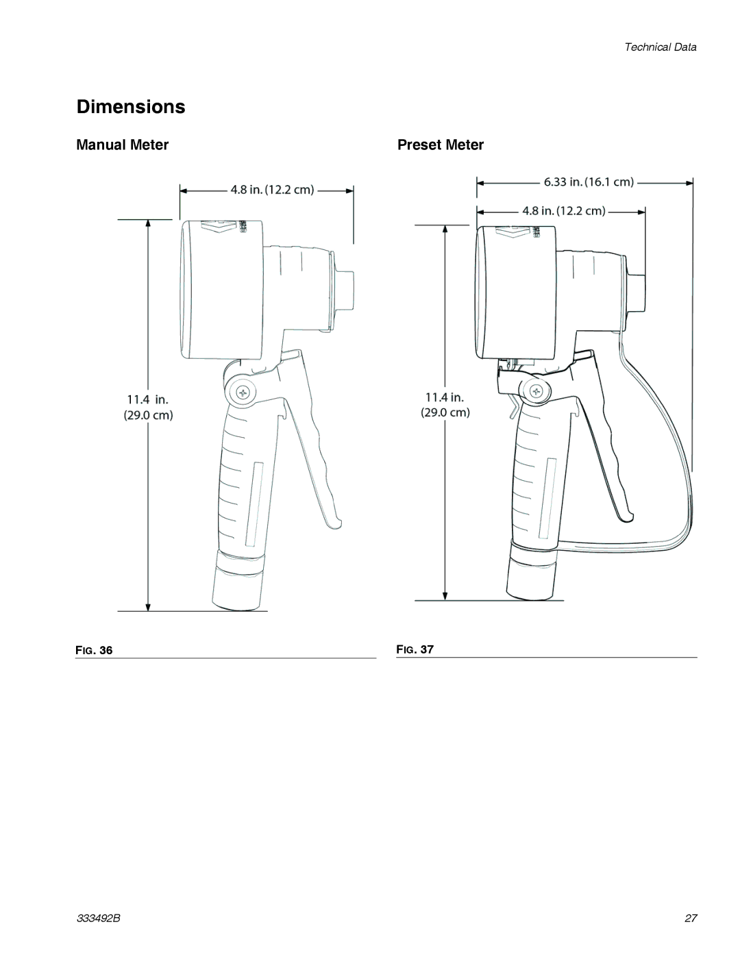 Graco 333492B important safety instructions Dimensions, Manual Meter Preset Meter 