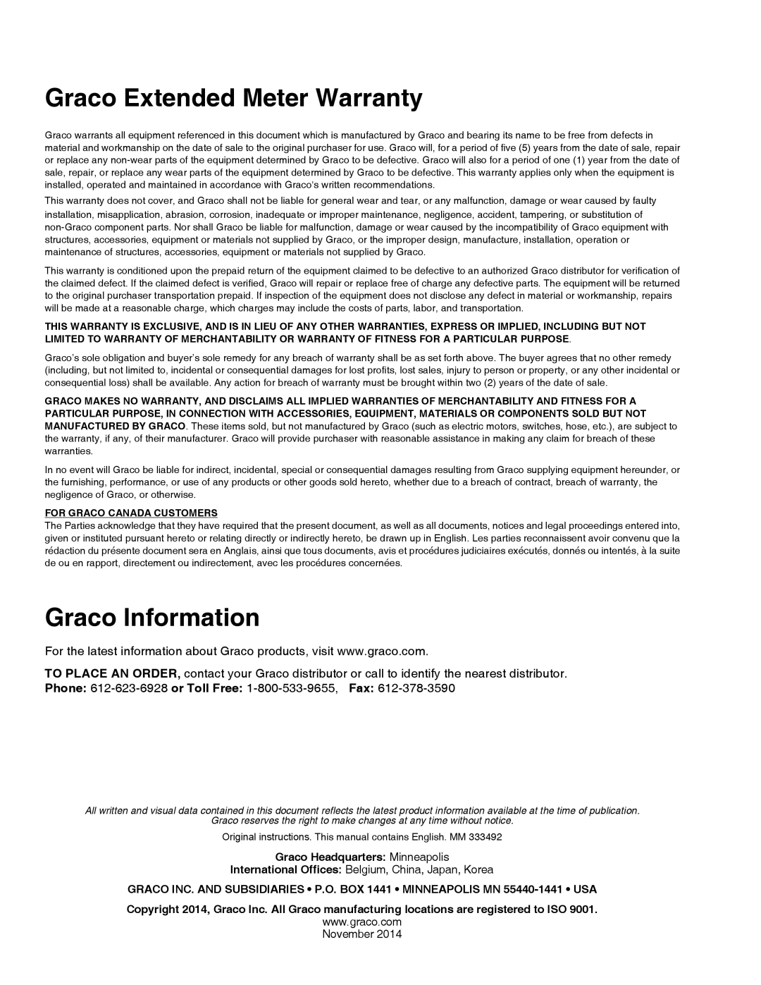 Graco 333492B important safety instructions Graco Extended Meter Warranty, Graco Information 