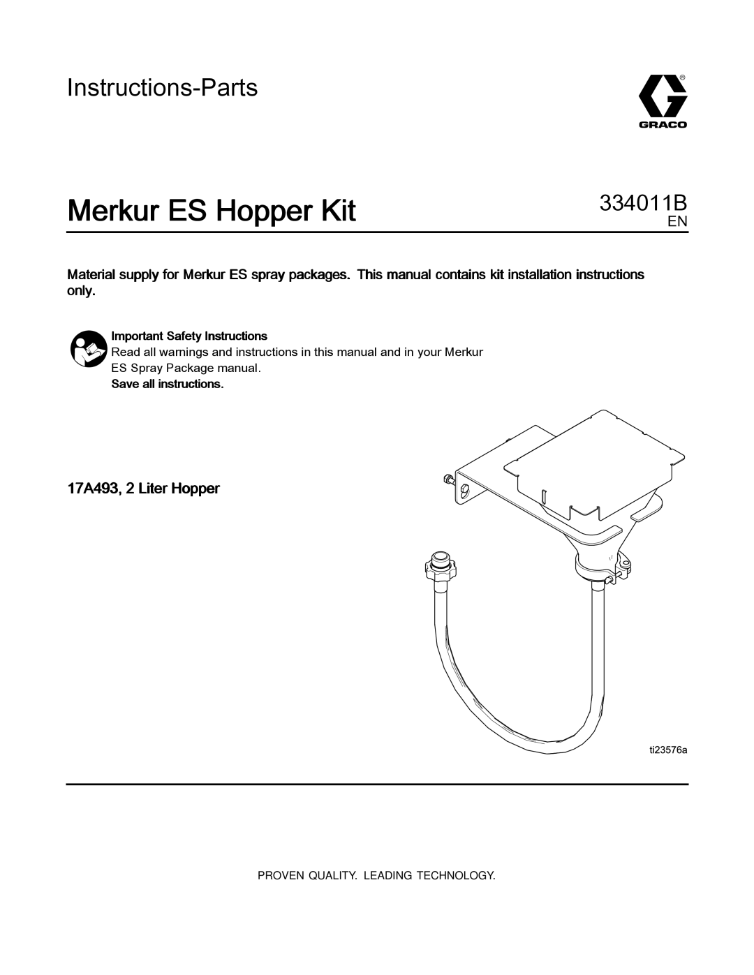 Graco 334011B installation instructions Merkur ES Hopper Kit, Important Safety Instructions, Save all instructions 