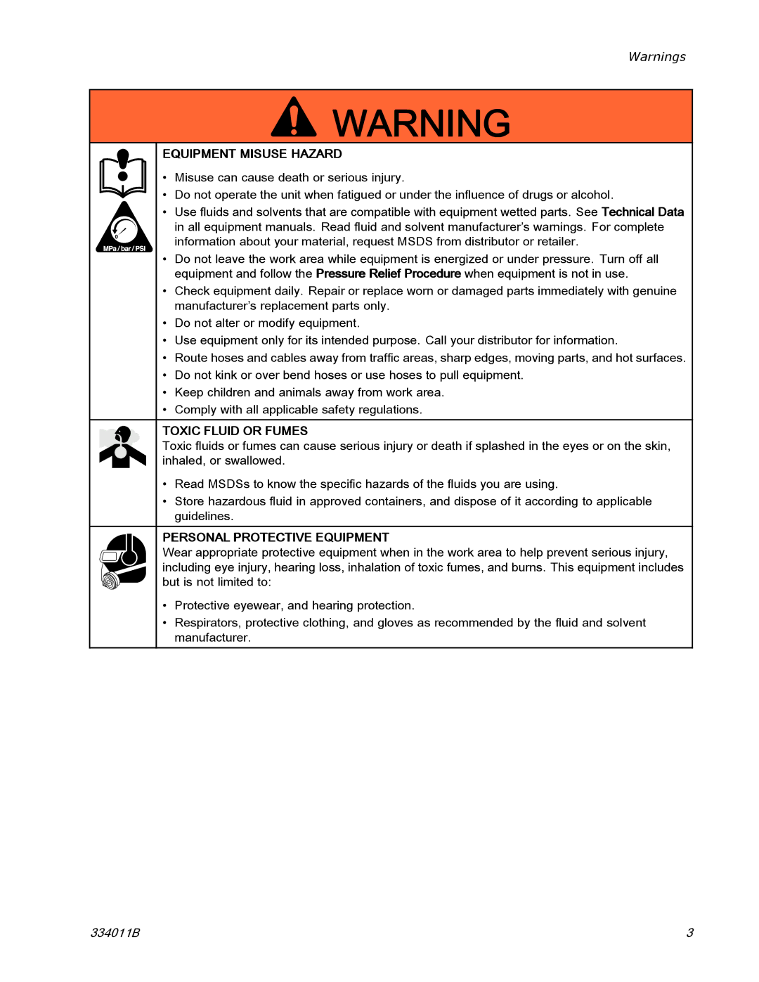 Graco 334011B installation instructions Equipment Misuse Hazard, Toxic Fluid or Fumes, Personal Protective Equipment 