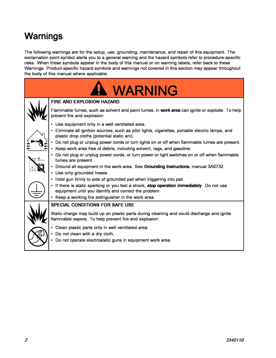Graco 334011B installation instructions Warnings, Fire And Explosion Hazard, Special Conditions For Safe Use 