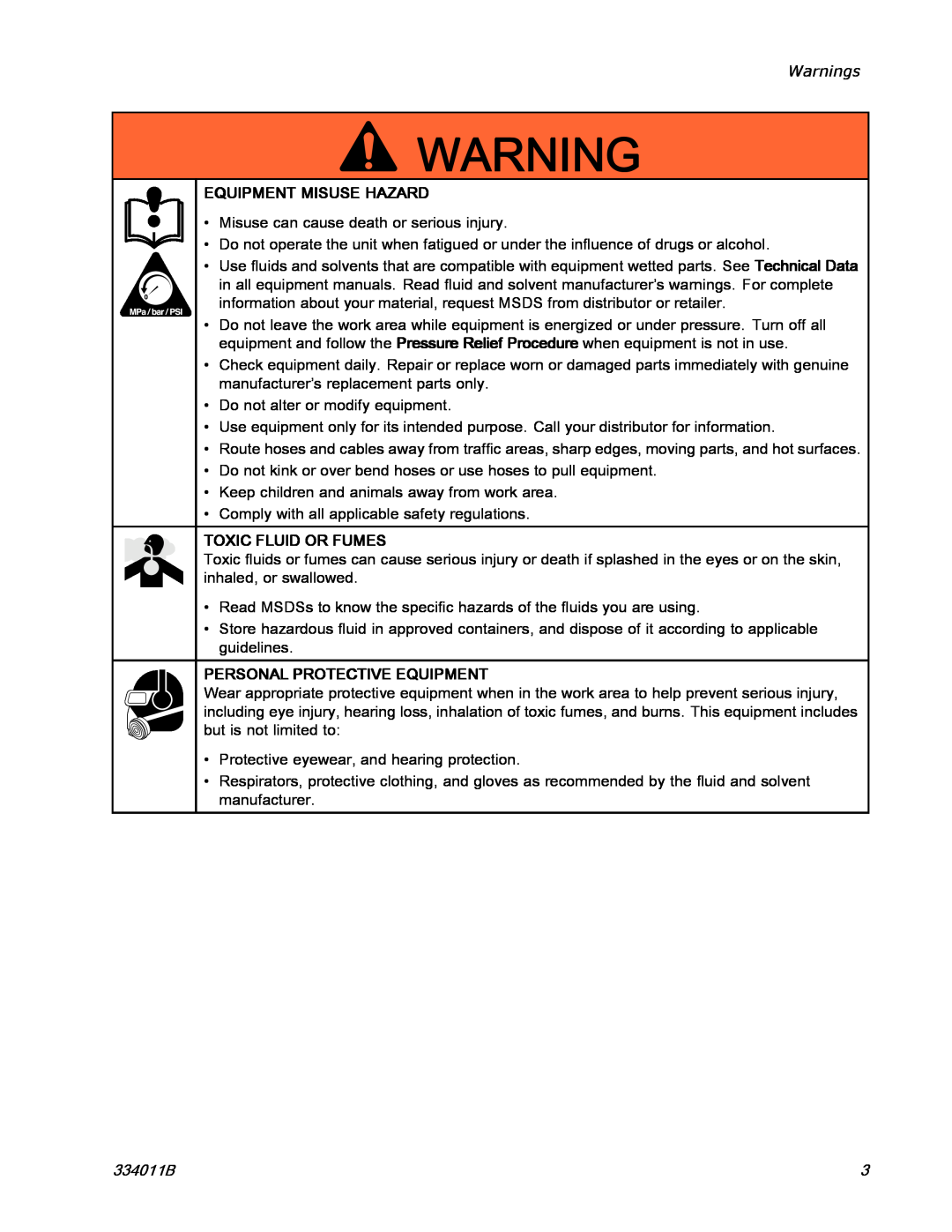 Graco 334011B Warnings, Equipment Misuse Hazard, Toxic Fluid Or Fumes, Personal Protective Equipment 