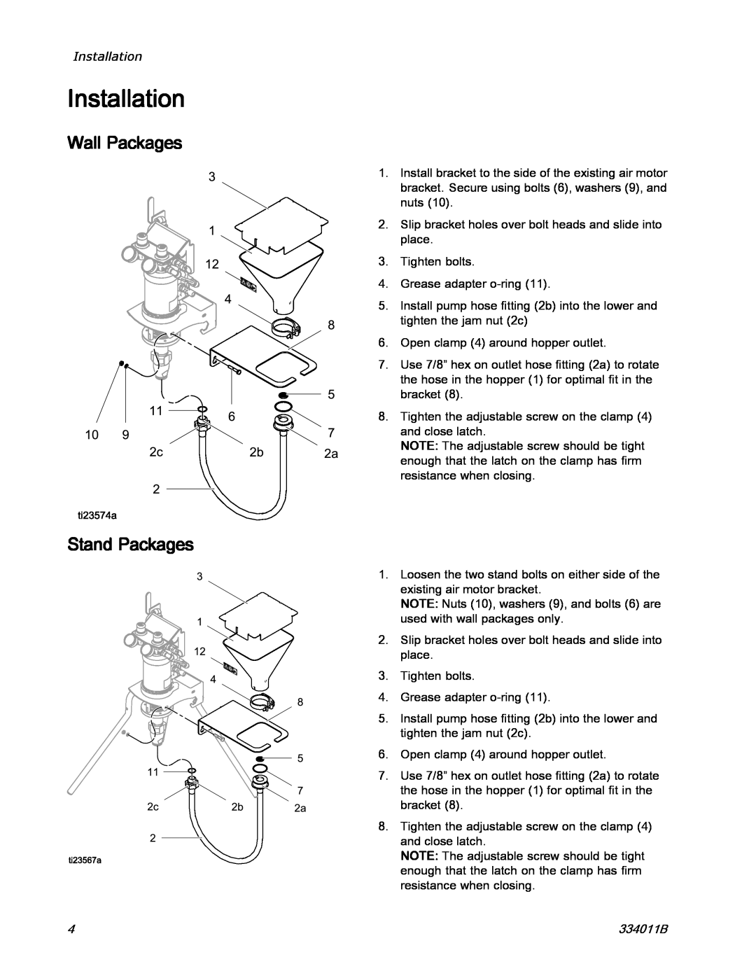 Graco 334011B installation instructions Installation, Wall Packages, Stand Packages 