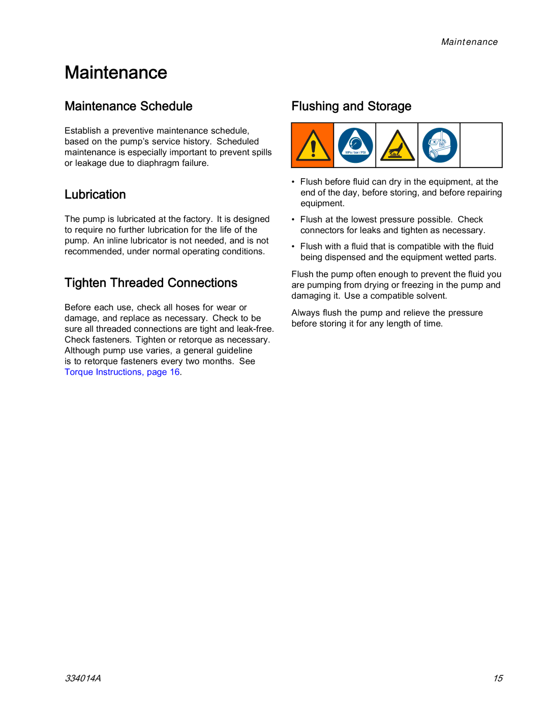 Graco 334014A important safety instructions Maintenance Schedule, Lubrication, Tighten Threaded Connections 