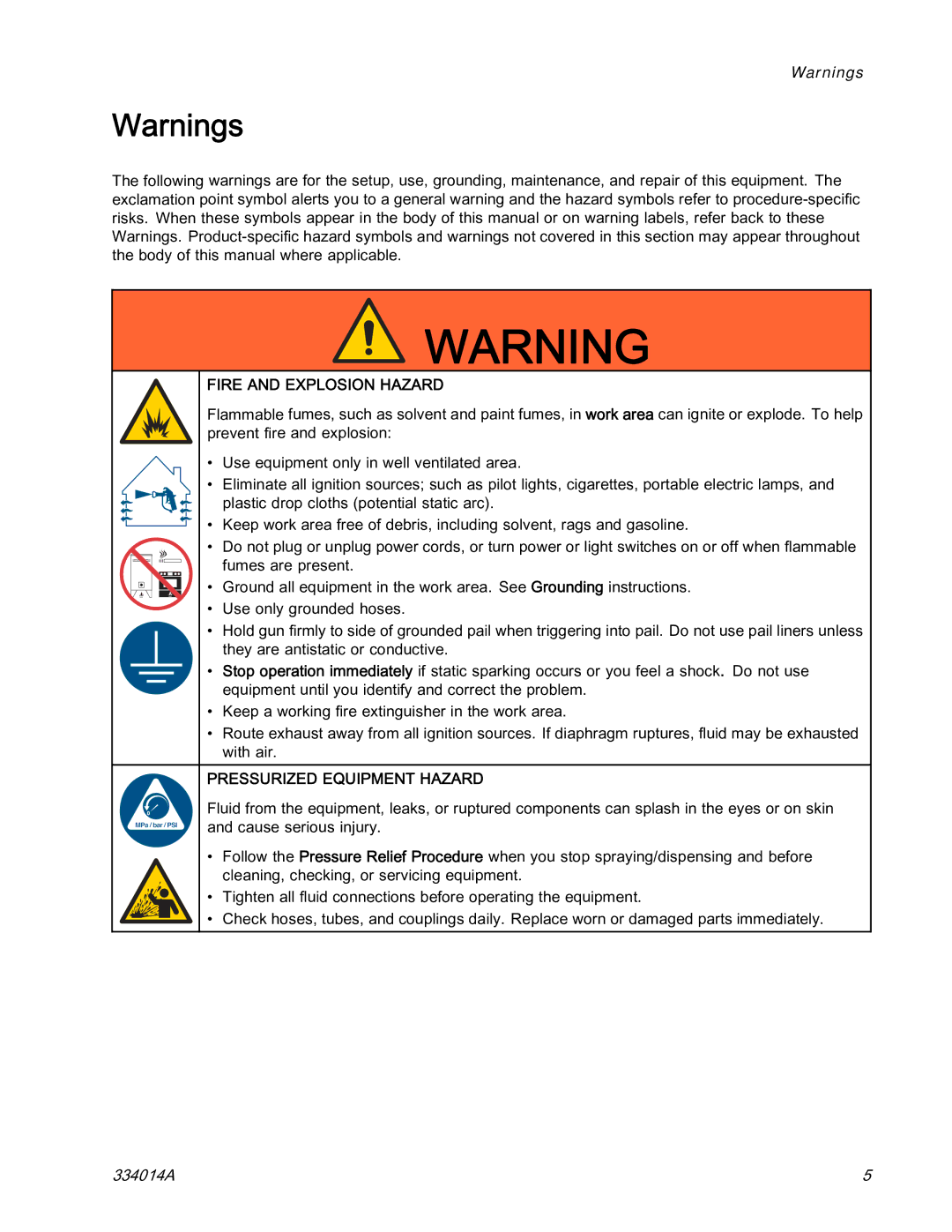 Graco 334014A important safety instructions Fire and Explosion Hazard, Pressurized Equipment Hazard 