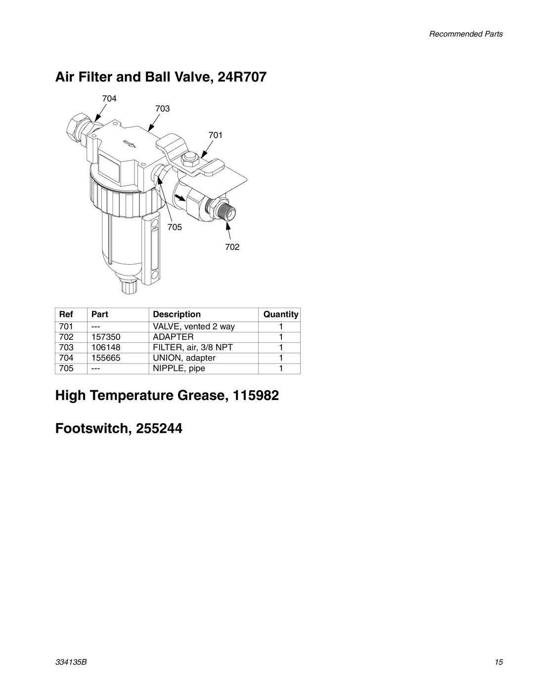 Graco 334135B important safety instructions Air Filter and Ball Valve, 24R707, High Temperature Grease Footswitch 