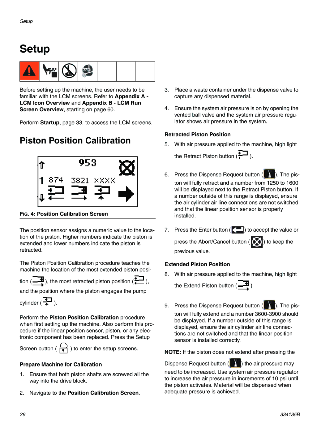 Graco 334135B important safety instructions Setup, Piston Position Calibration 