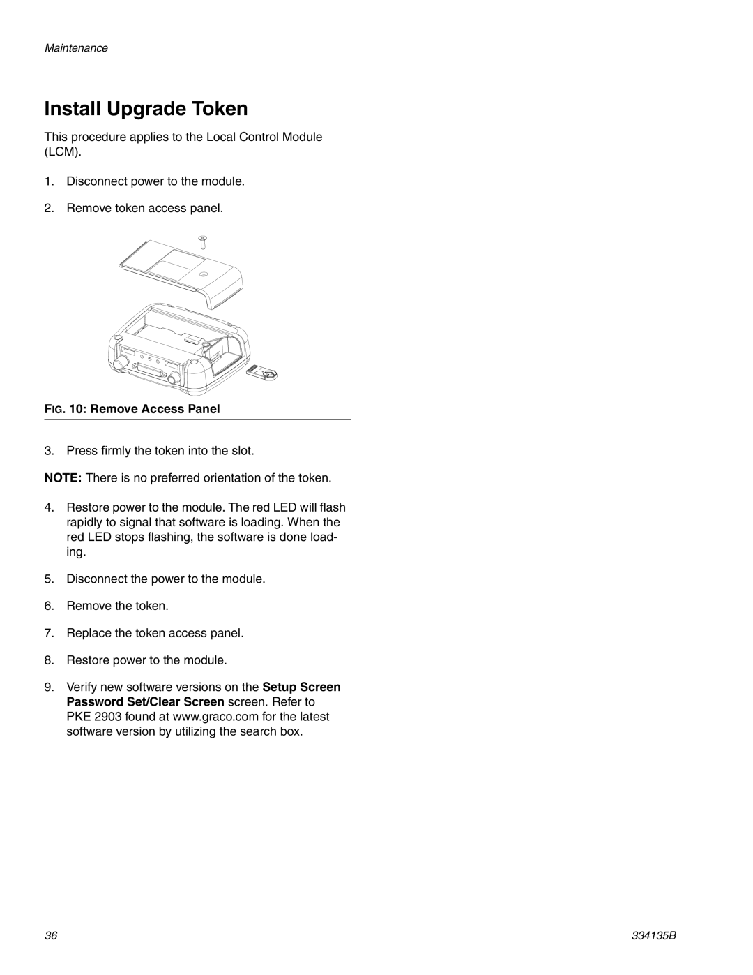 Graco 334135B important safety instructions Install Upgrade Token, Remove Access Panel 