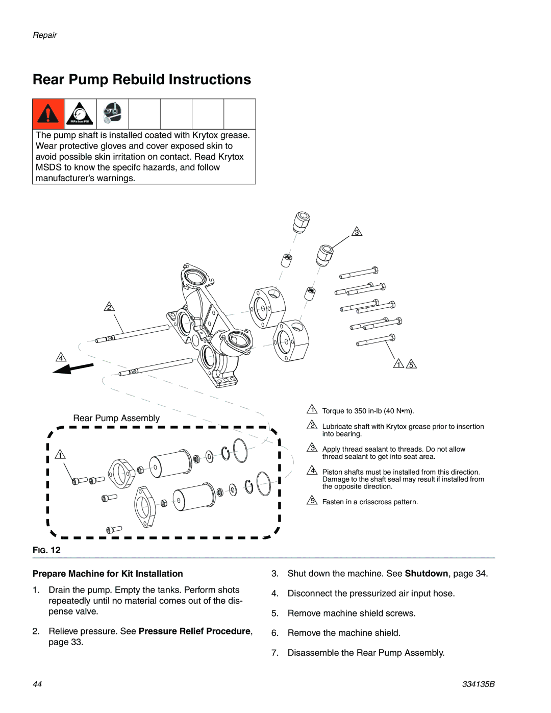 Graco 334135B important safety instructions Rear Pump Rebuild Instructions, Prepare Machine for Kit Installation 