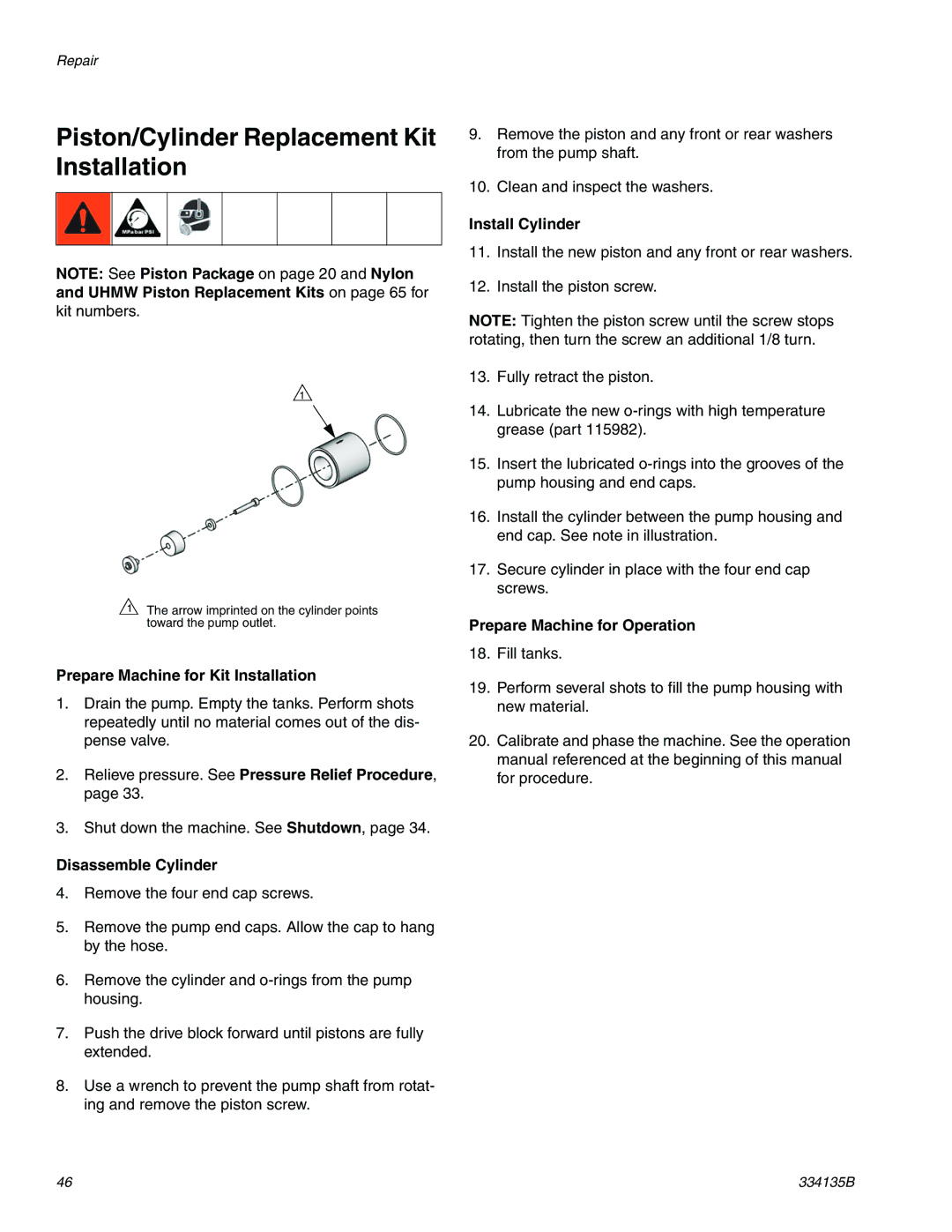 Graco 334135B Piston/Cylinder Replacement Kit Installation, Disassemble Cylinder, Install Cylinder 