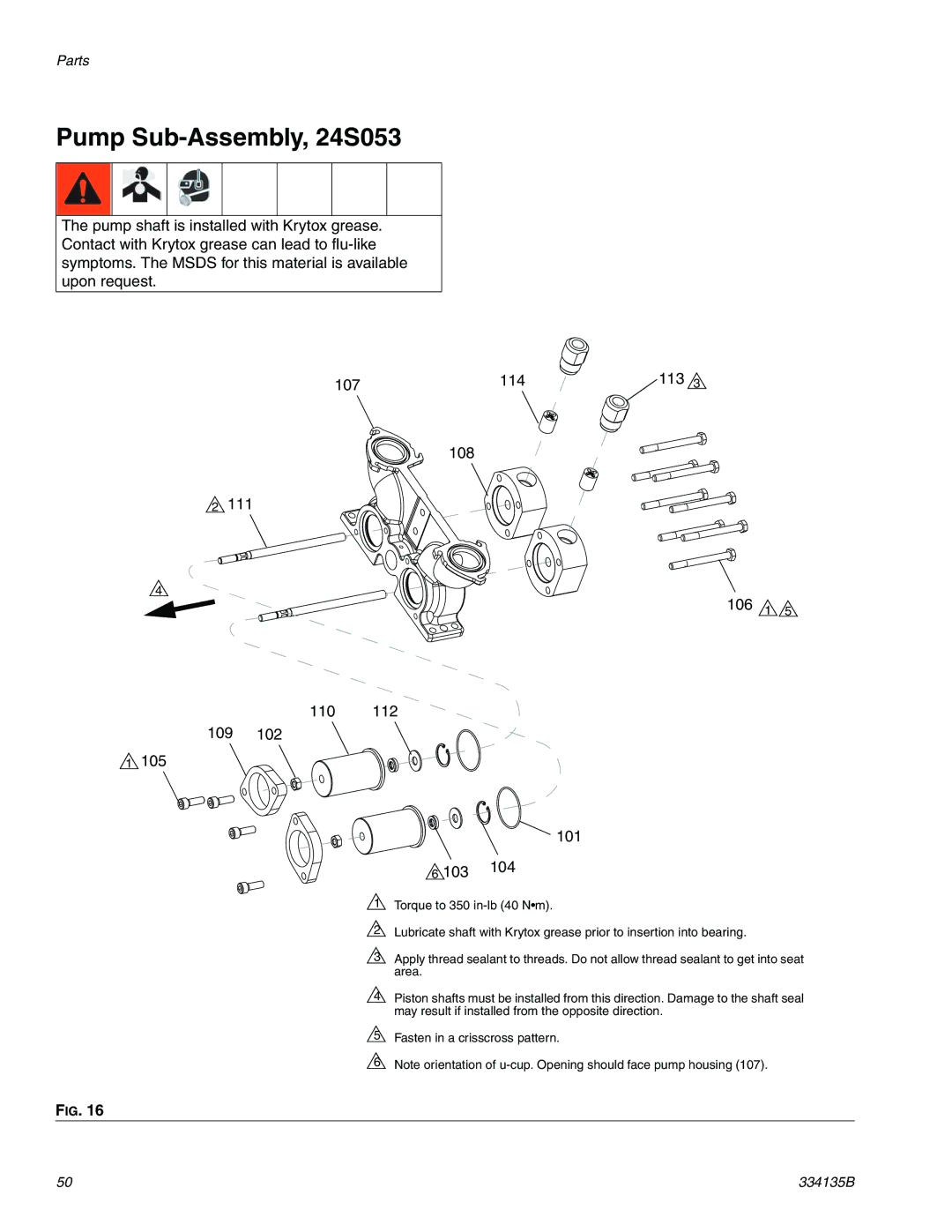 Graco 334135B important safety instructions Pump Sub-Assembly, 24S053 