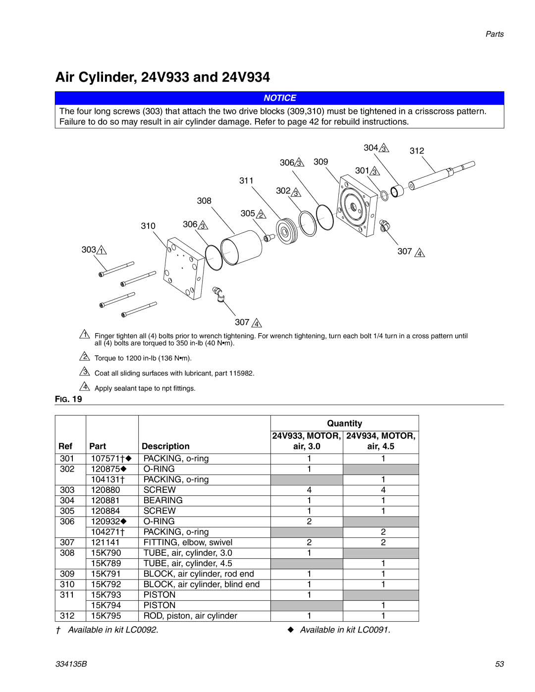 Graco 334135B important safety instructions Air Cylinder, 24V933, 24V933, Motor 24V934, Motor Part Description Air 