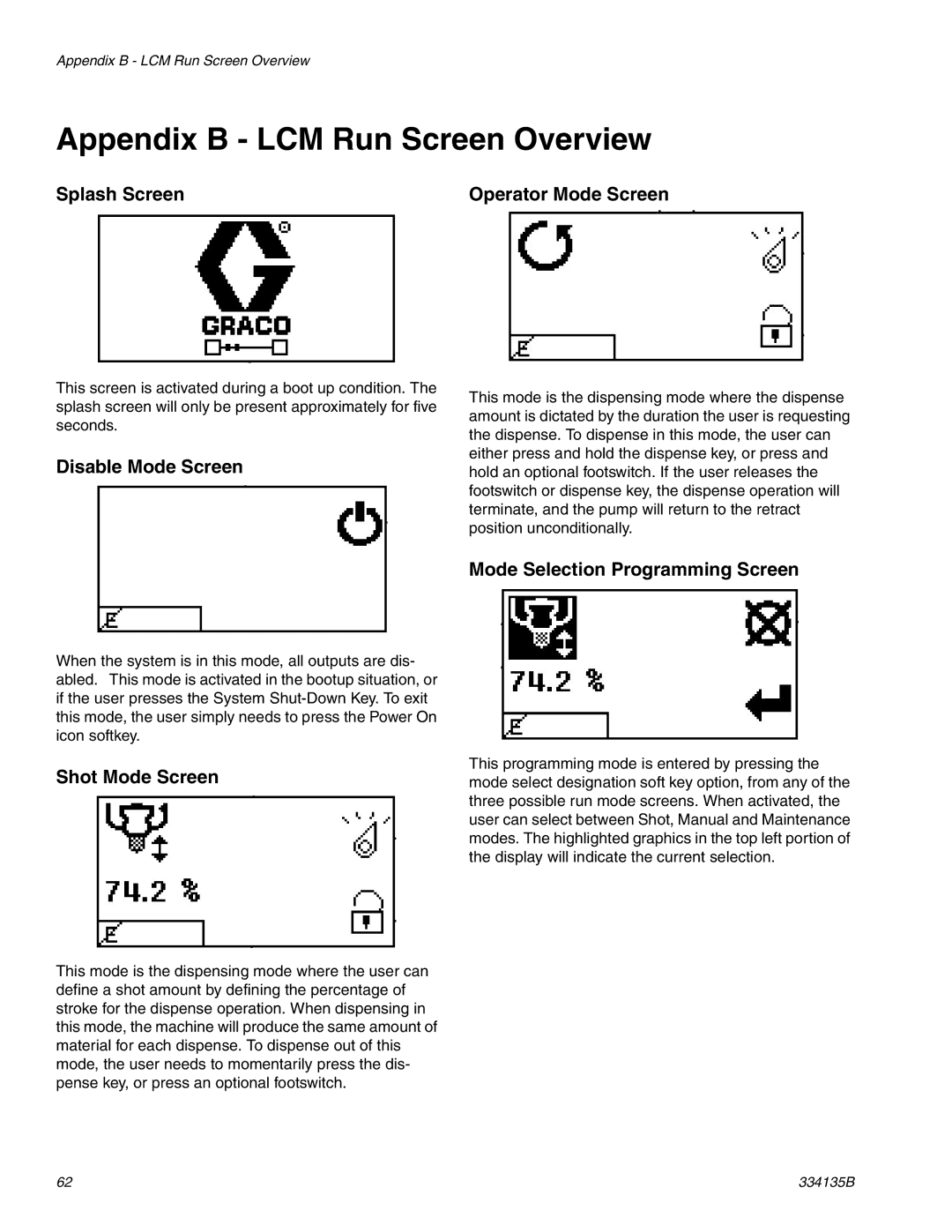 Graco 334135B Appendix B LCM Run Screen Overview, Splash Screen Operator Mode Screen, Disable Mode Screen 