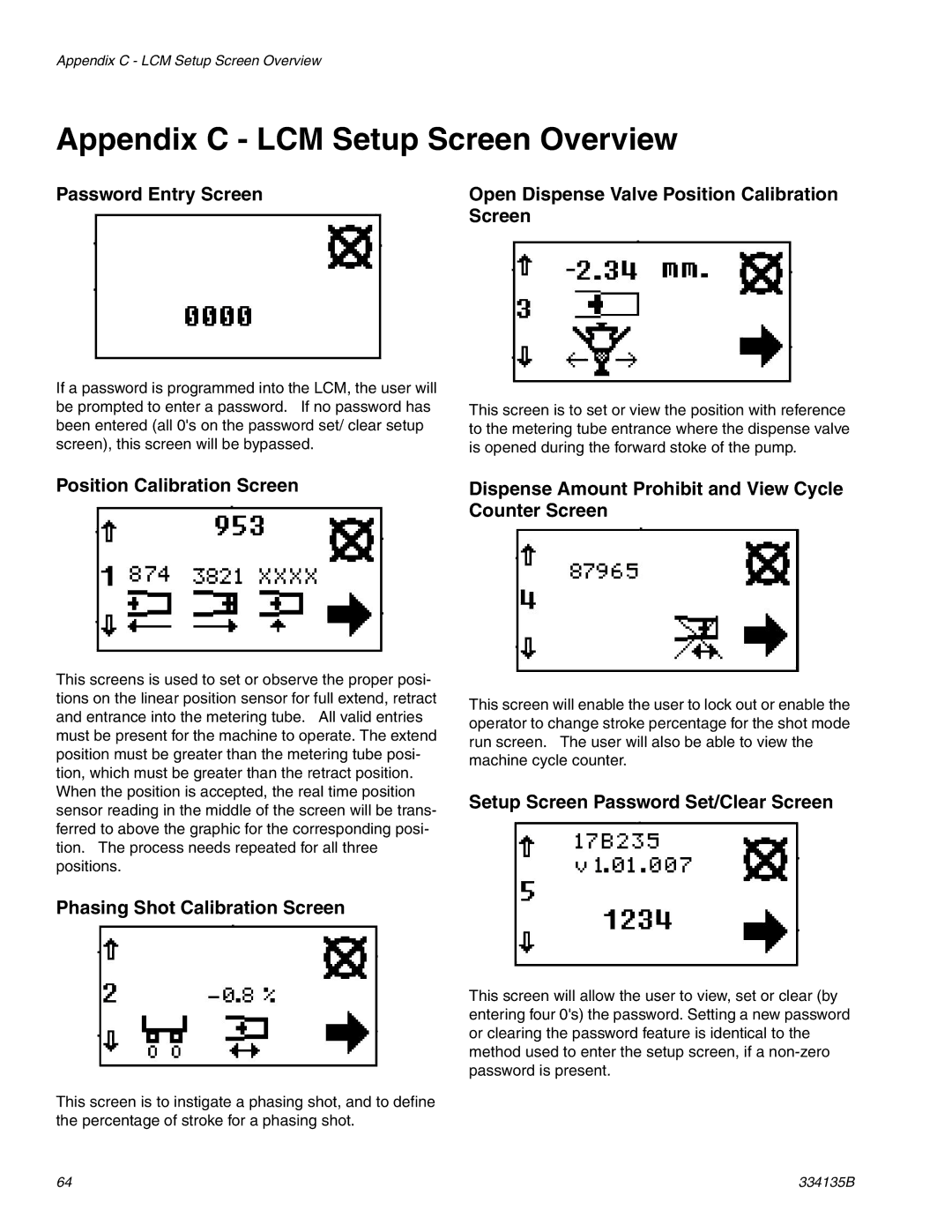 Graco 334135B important safety instructions Appendix C LCM Setup Screen Overview, Phasing Shot Calibration Screen 