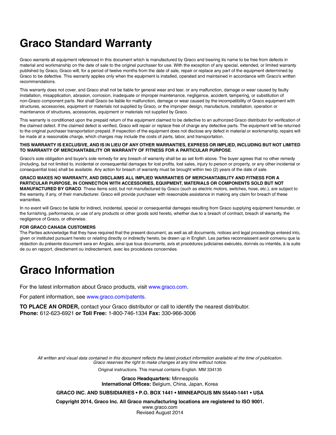 Graco 334135B important safety instructions Graco Standard Warranty, Graco Information 