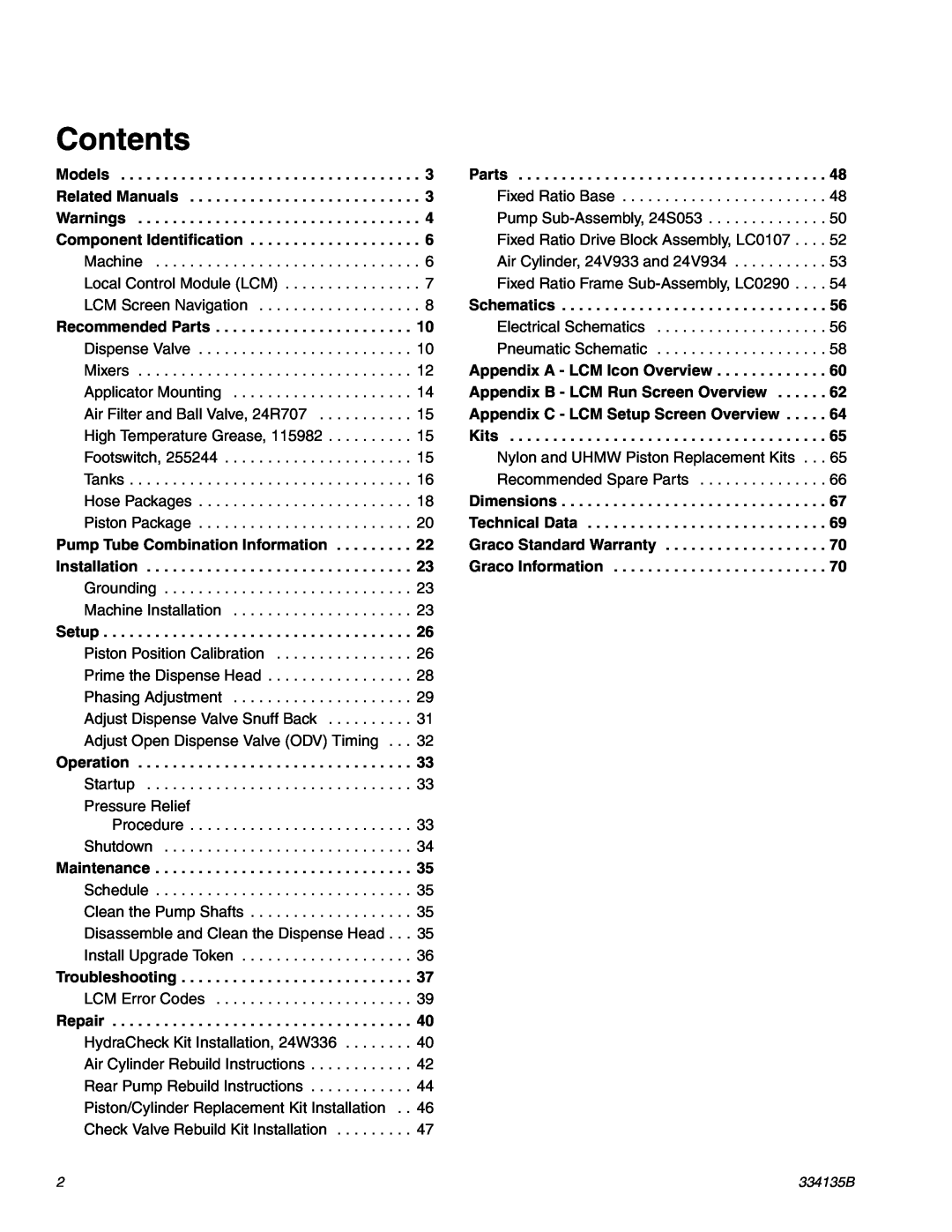 Graco 334135B Contents, Parts, Schematics, Appendix A - LCM Icon Overview, Appendix B - LCM Run Screen Overview, Kits 