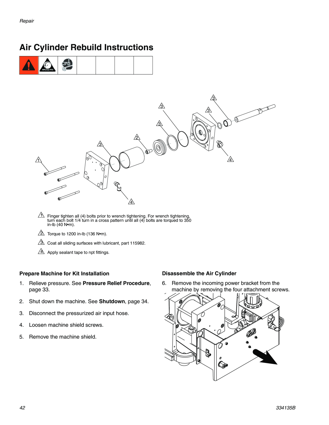 Graco 334135B Air Cylinder Rebuild Instructions, Disassemble the Air Cylinder, Prepare Machine for Kit Installation 