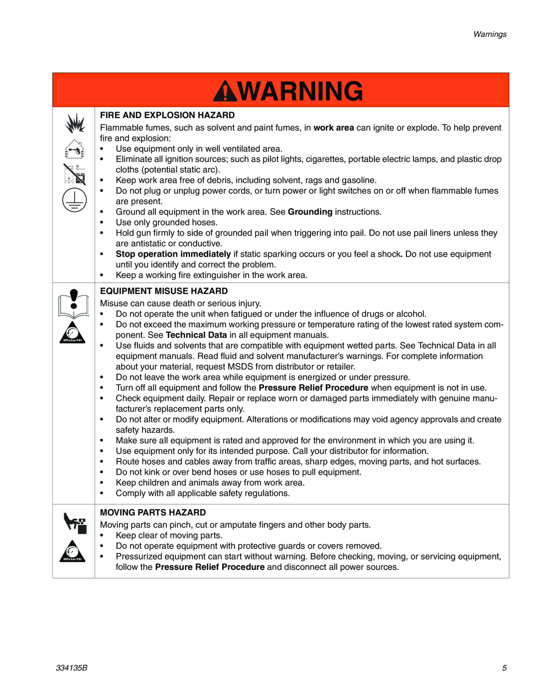 Graco 334135B important safety instructions Fire And Explosion Hazard, Equipment Misuse Hazard, Moving Parts Hazard 