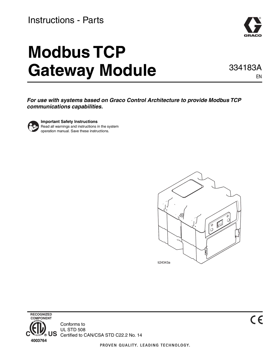 Graco 334183A important safety instructions Modbus TCP Gateway Module 