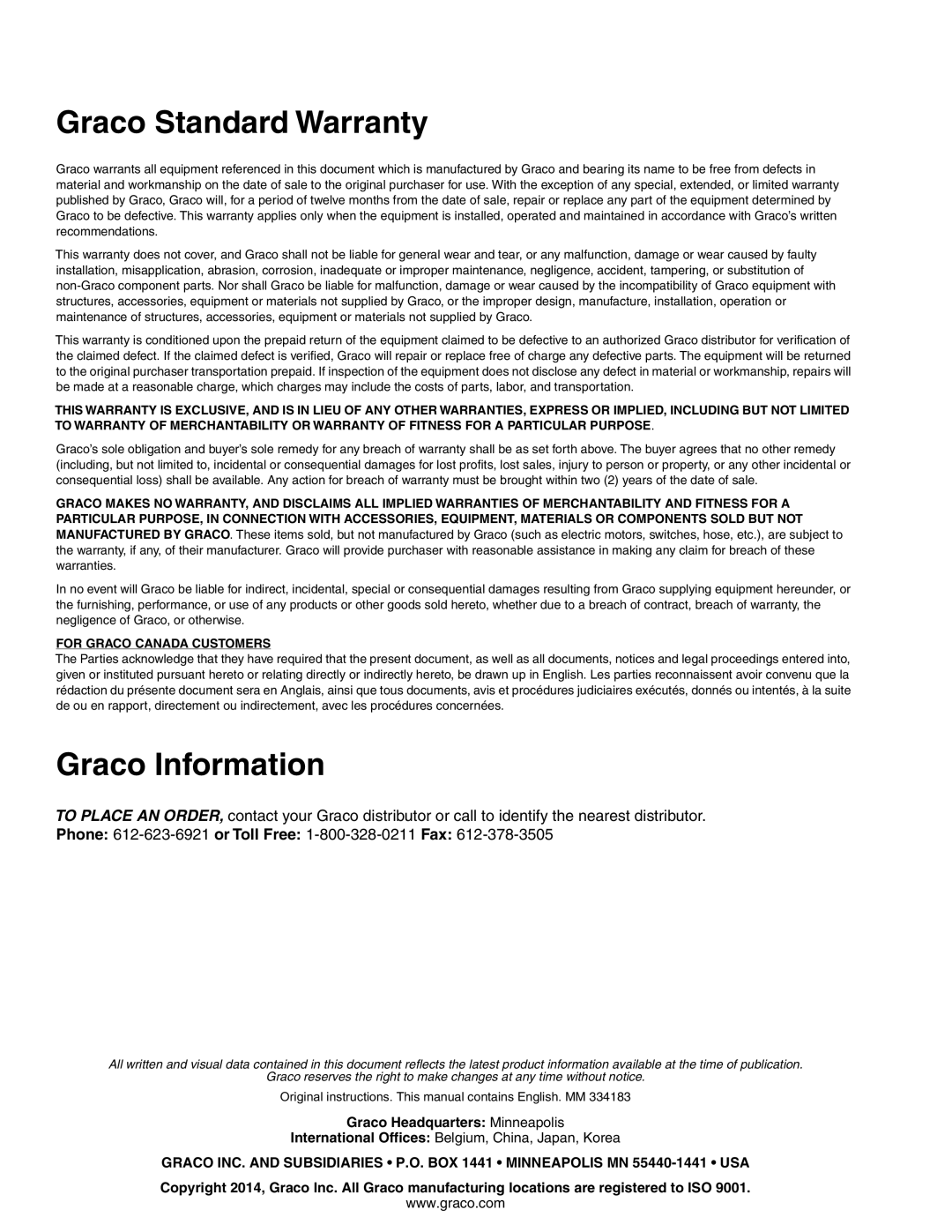 Graco 334183A important safety instructions Graco Standard Warranty, Graco Information 