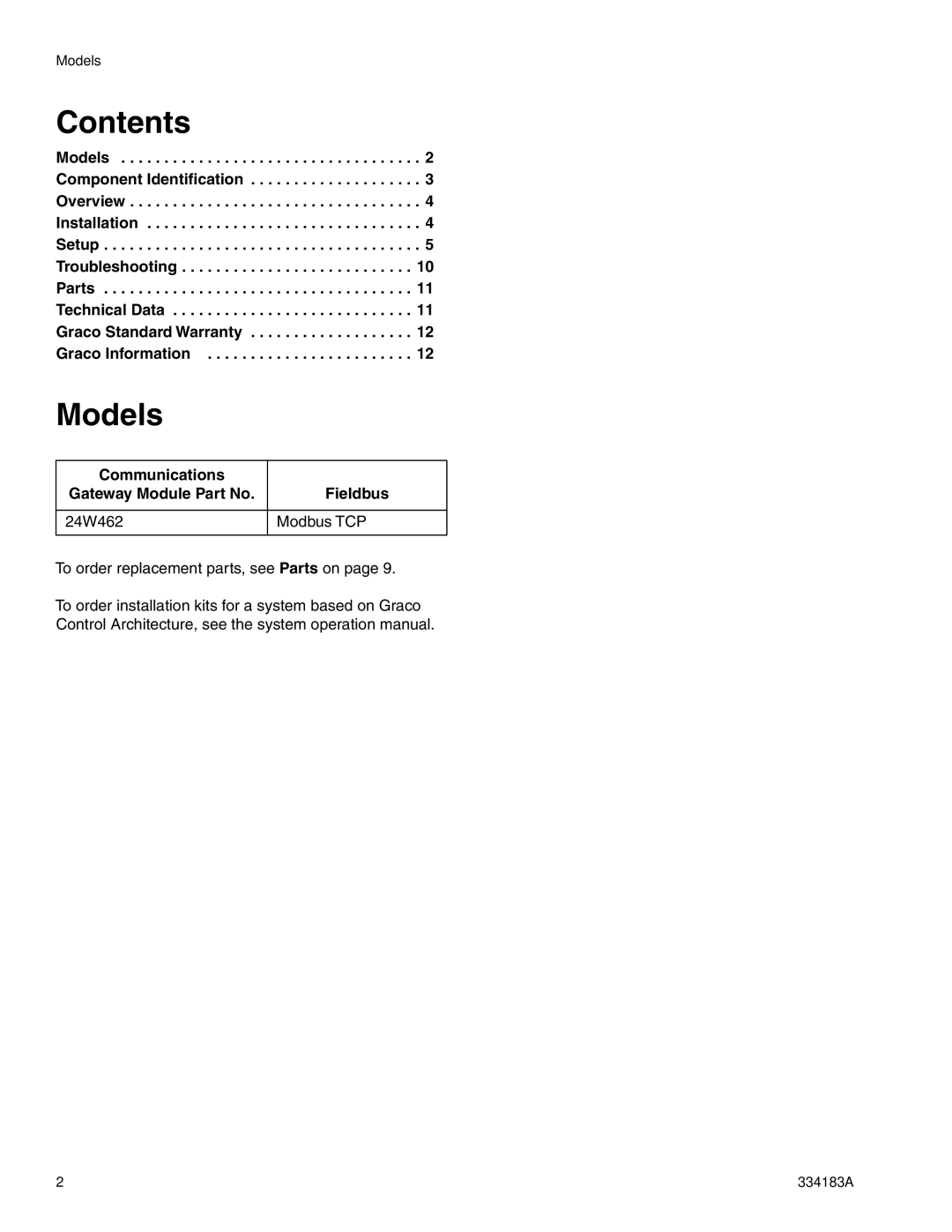 Graco 334183A important safety instructions Contents, Models 