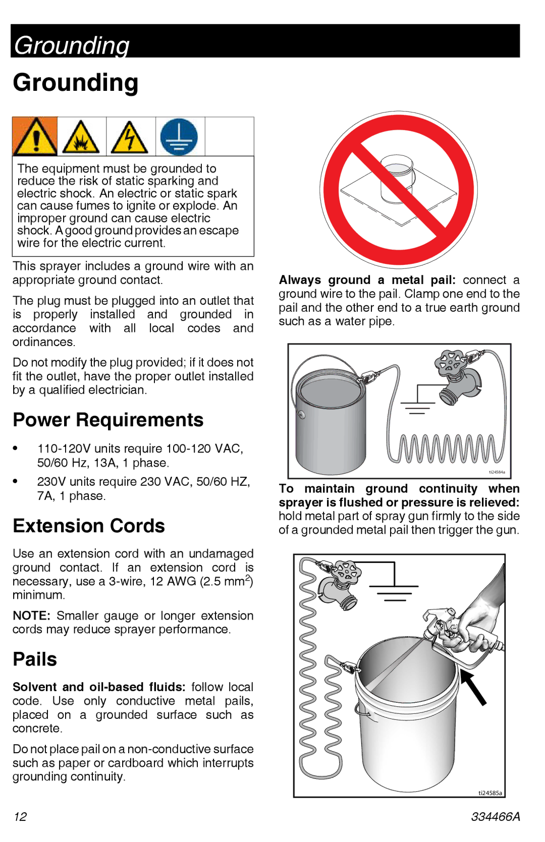 Graco 334466A important safety instructions Grounding, Power Requirements, Extension Cords, Pails 