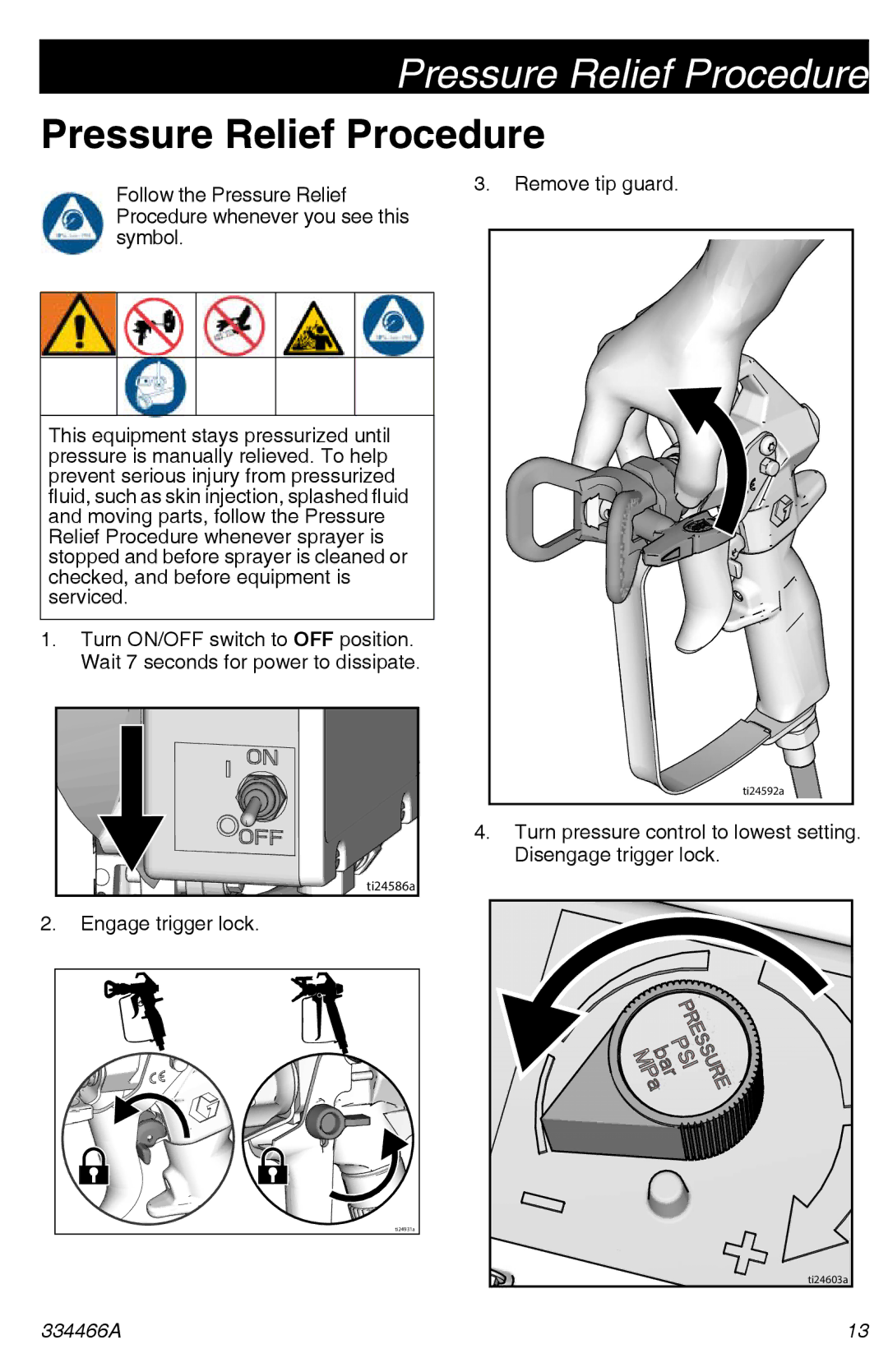 Graco 334466A important safety instructions Pressure Relief Procedure 