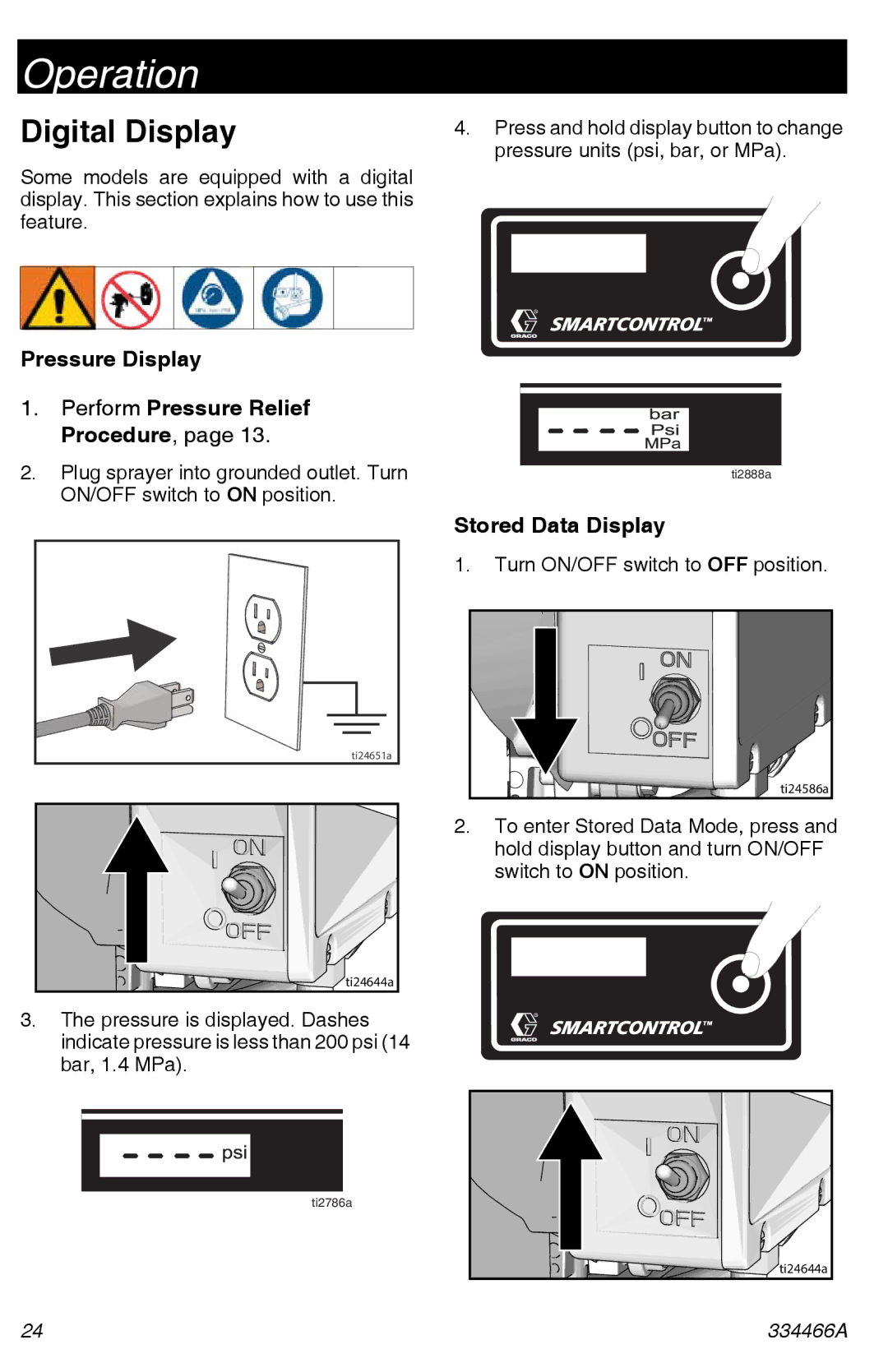 Graco 334466A Digital Display, Pressure Display Perform Pressure Relief Procedure, Stored Data Display 