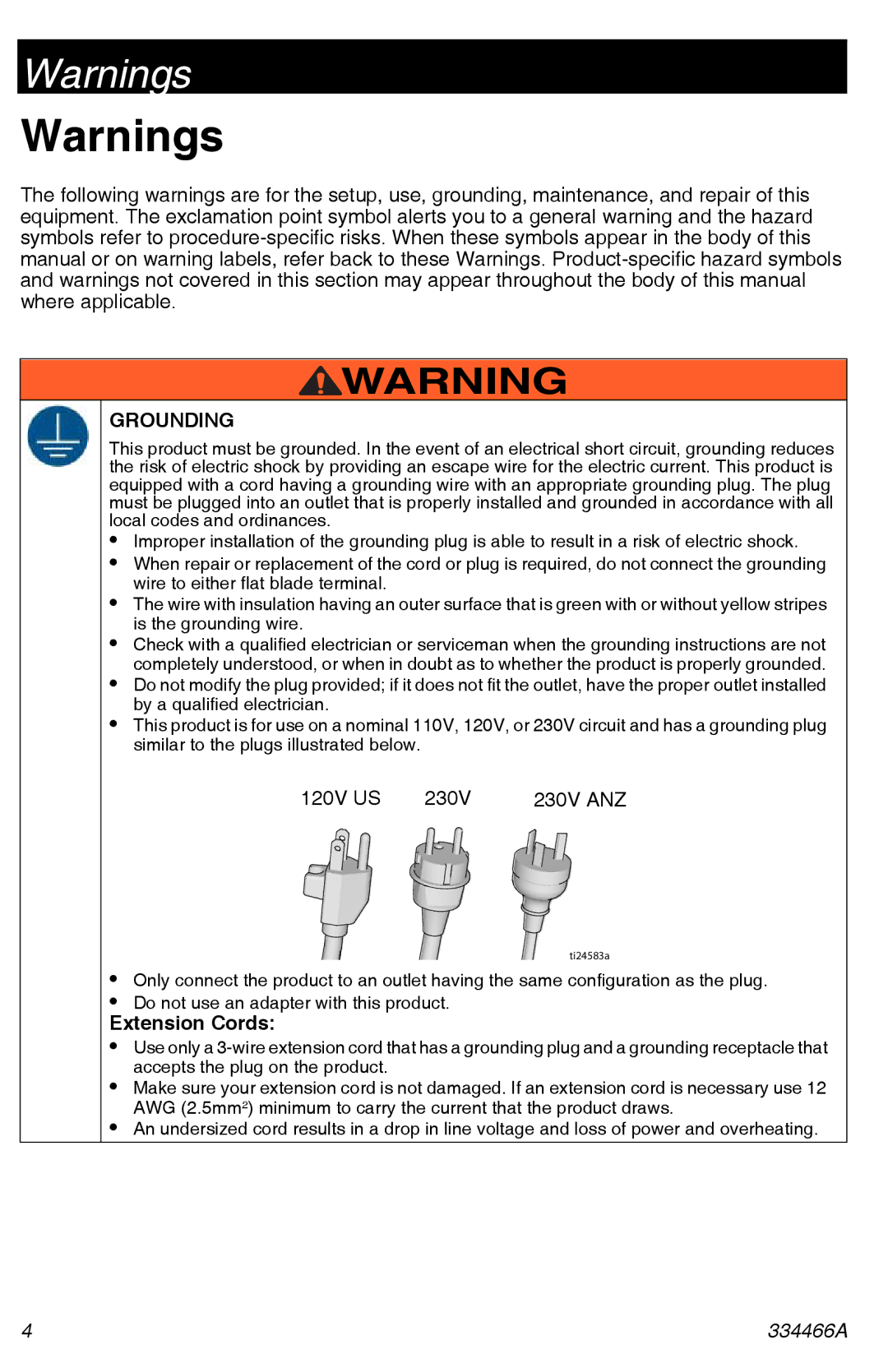 Graco 334466A important safety instructions Grounding, Extension Cords 